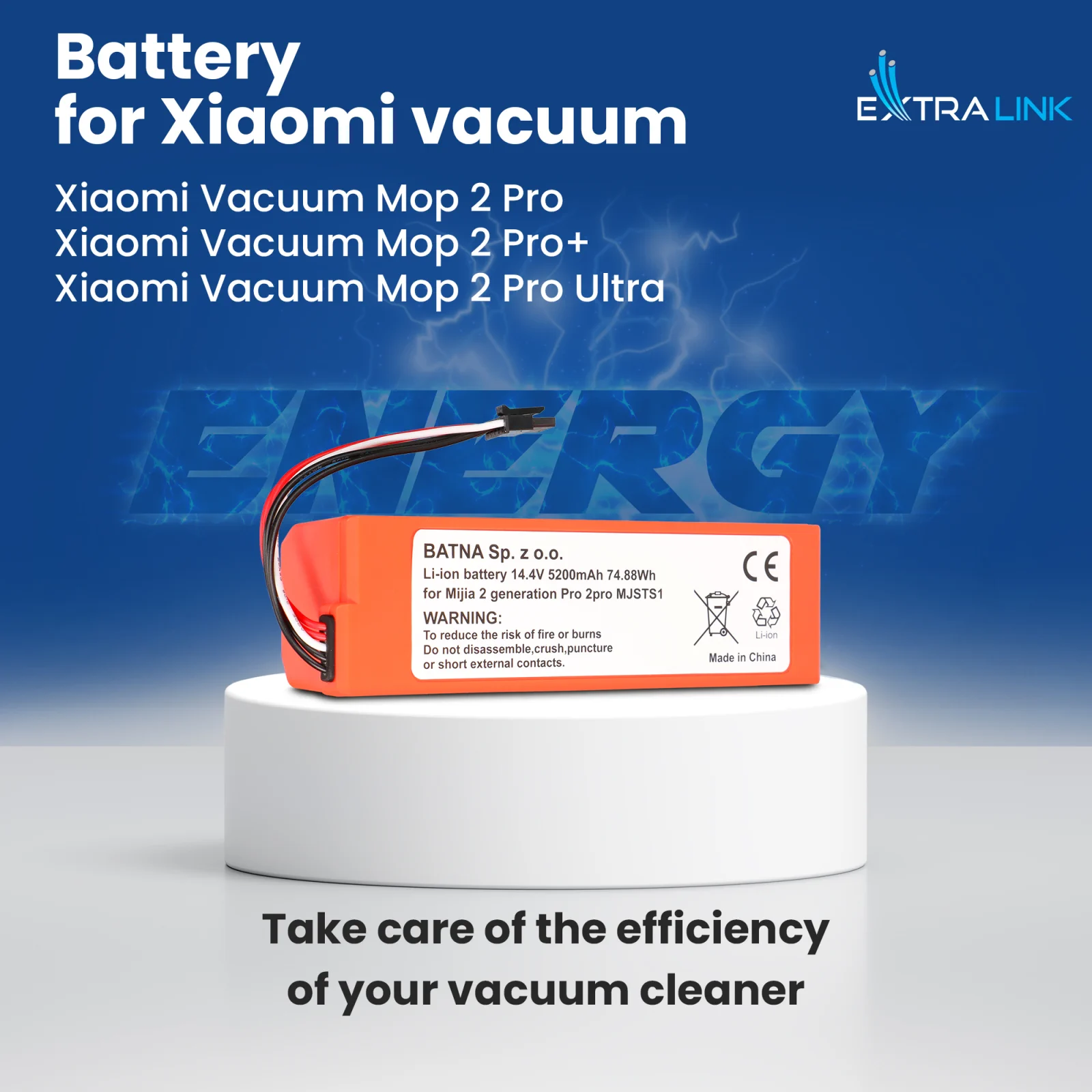 batería de repuesto para aspiradoras mop pro de color naranja sobre soporte blanco, logotipo