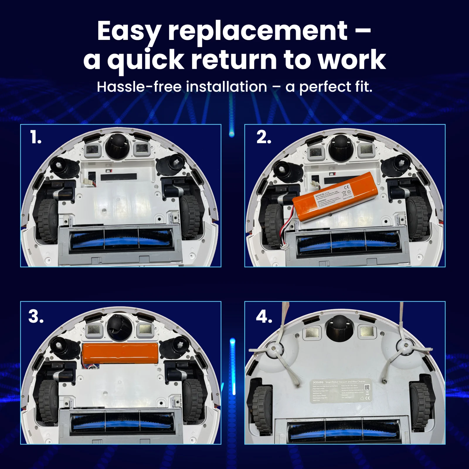 cuatro pasos para cambiar la batería del robot limpiador mop pro mostrados con cuatro imágenes de la aspiradora debajo