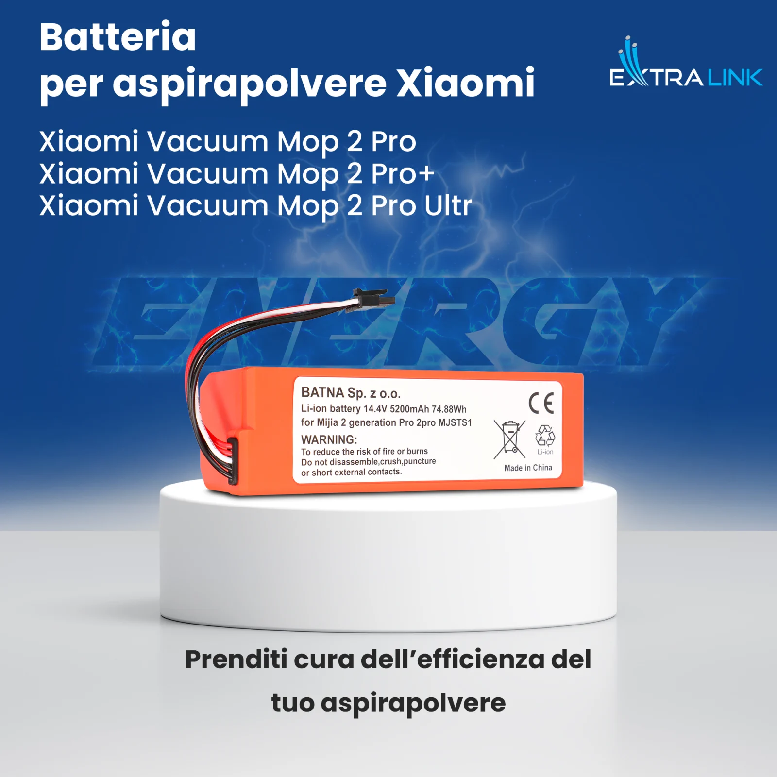 batteria di ricambio per aspirapolvere mop pro di colore arancione su supporto bianco, logo