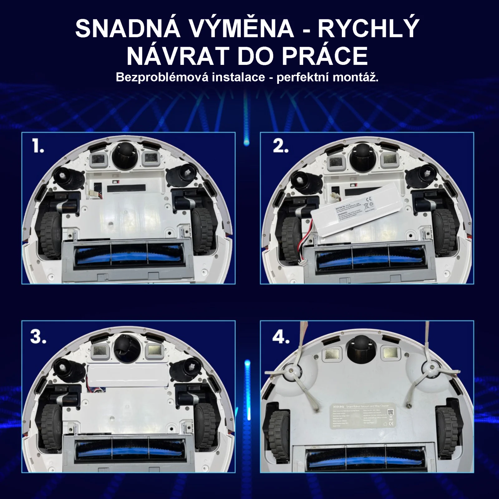 4 modely čisticích robotů zespodu s pohledem na umístění baterie