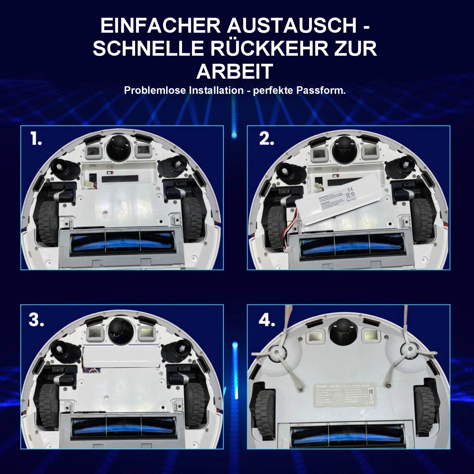 4 Modelle von Reinigungsrobotern von unten mit Blick auf den Standort der Batterie