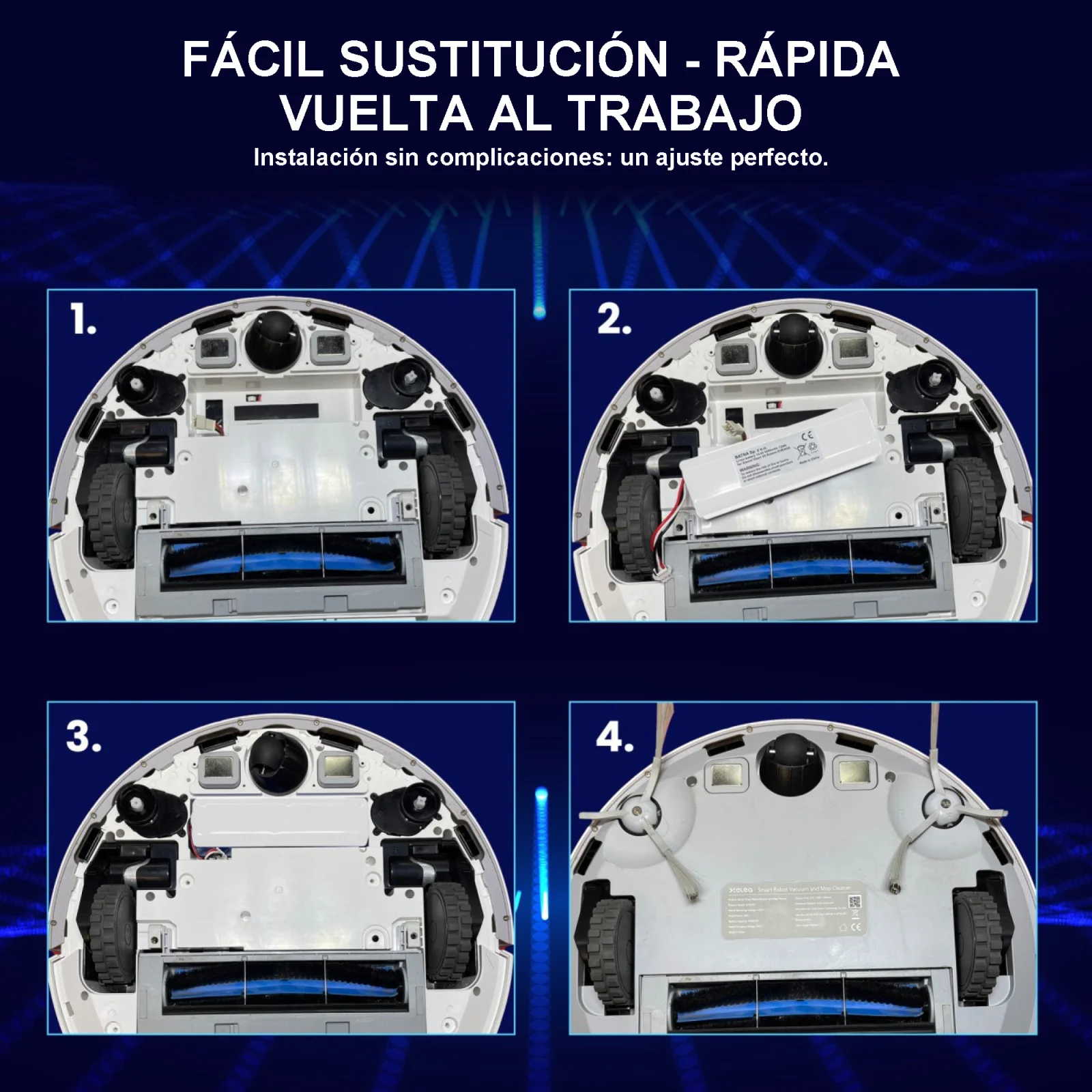 4 modelos de robots de limpieza desde abajo con una vista de dónde se encuentra la batería