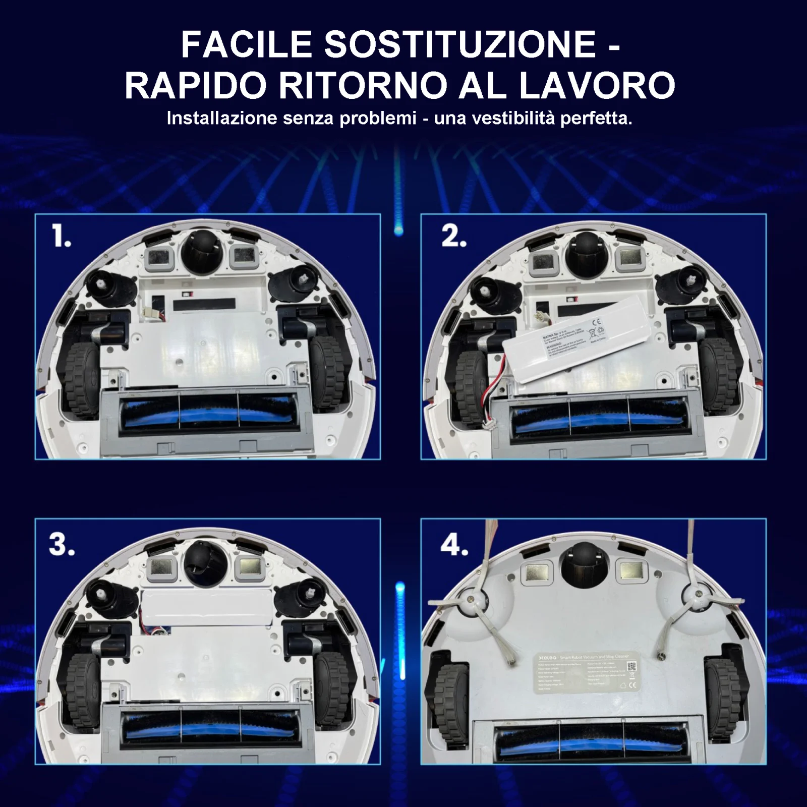 4 modelli di robot per la pulizia da sotto con vista sulla posizione della batteria