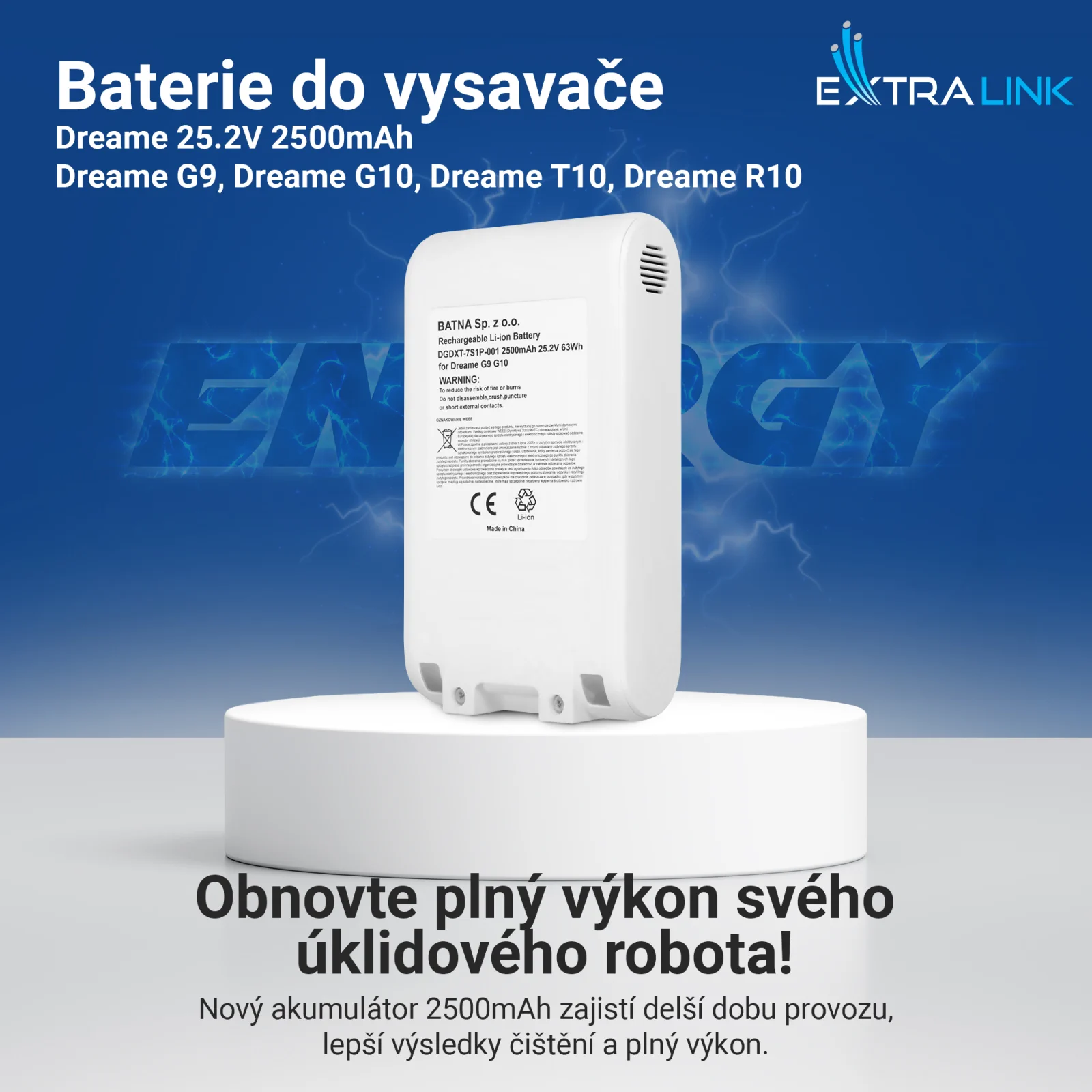 Náhradní baterie pro vysavače dreame v bílé barvě na bílém stojanu s modrým logem