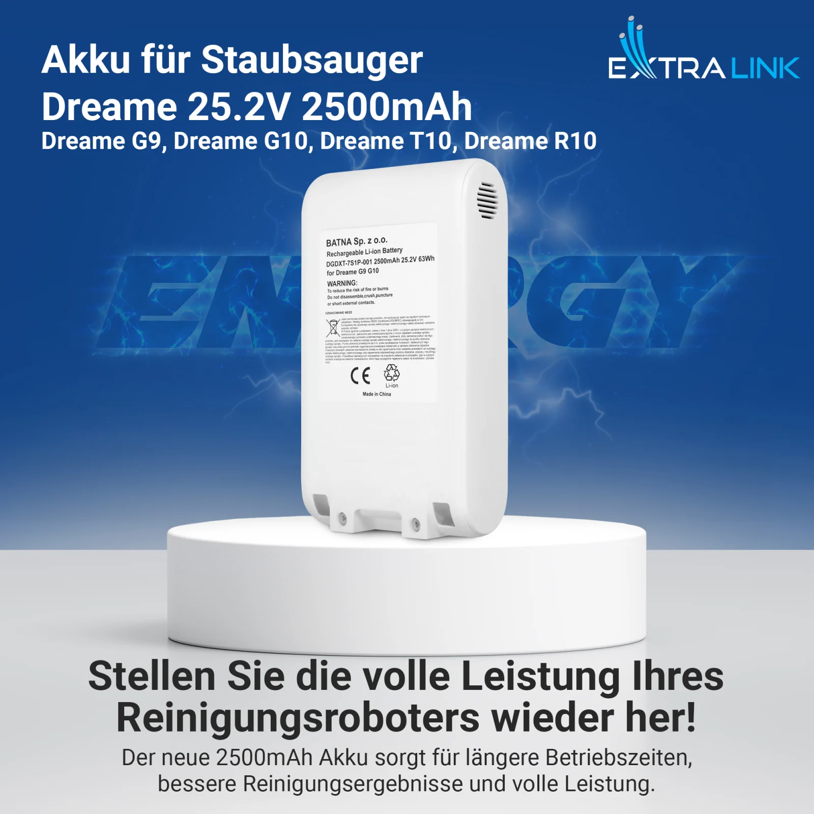 Ersatzbatterie für Dreame Staubsauger in weiß auf weißem Ständer, blaues 'ENERGY'-Logo im Hintergrund