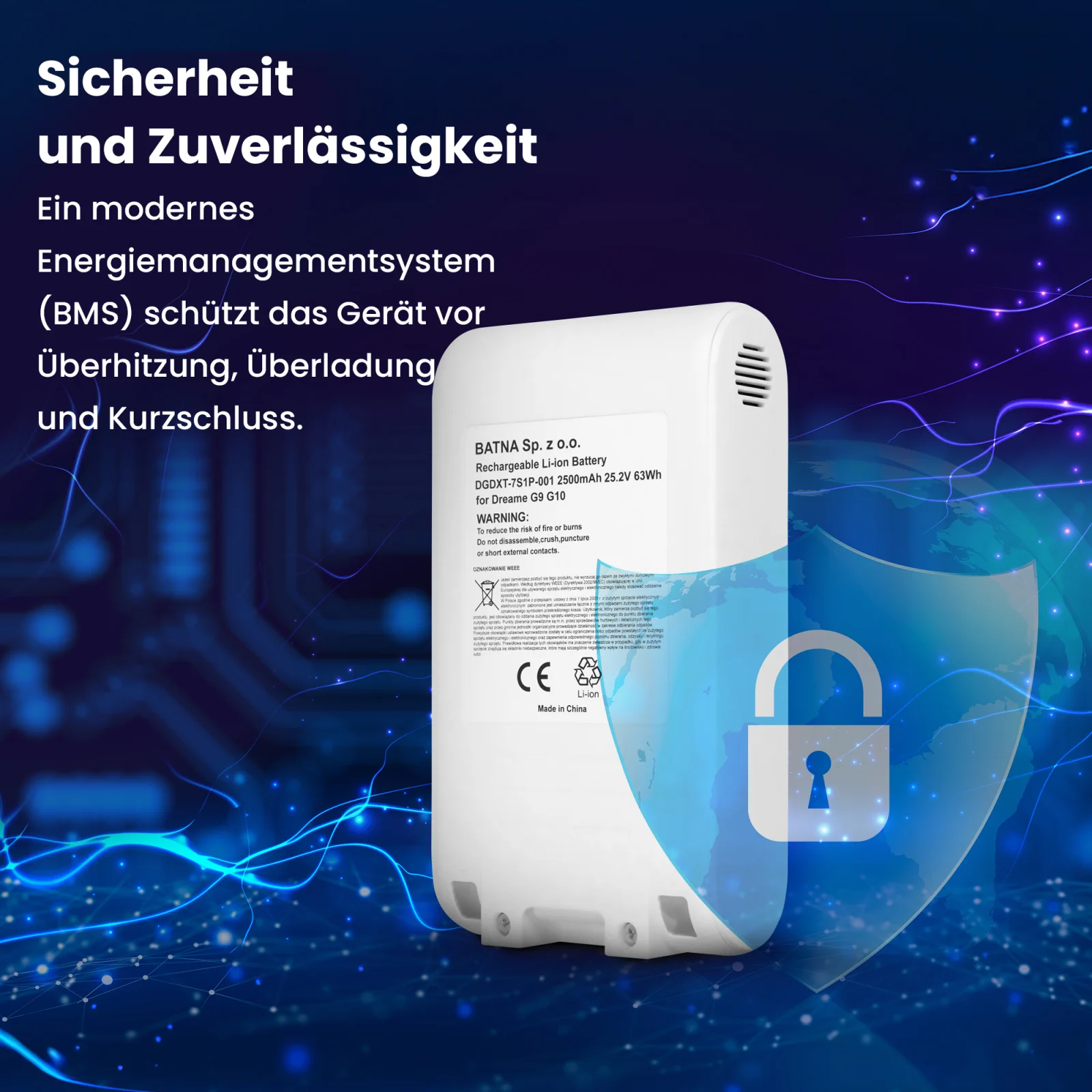 Visualisierung der Batterie f&uuml;r Dreame Handstaubsauger und des Schildes, das die Sicherheit symbolisiert