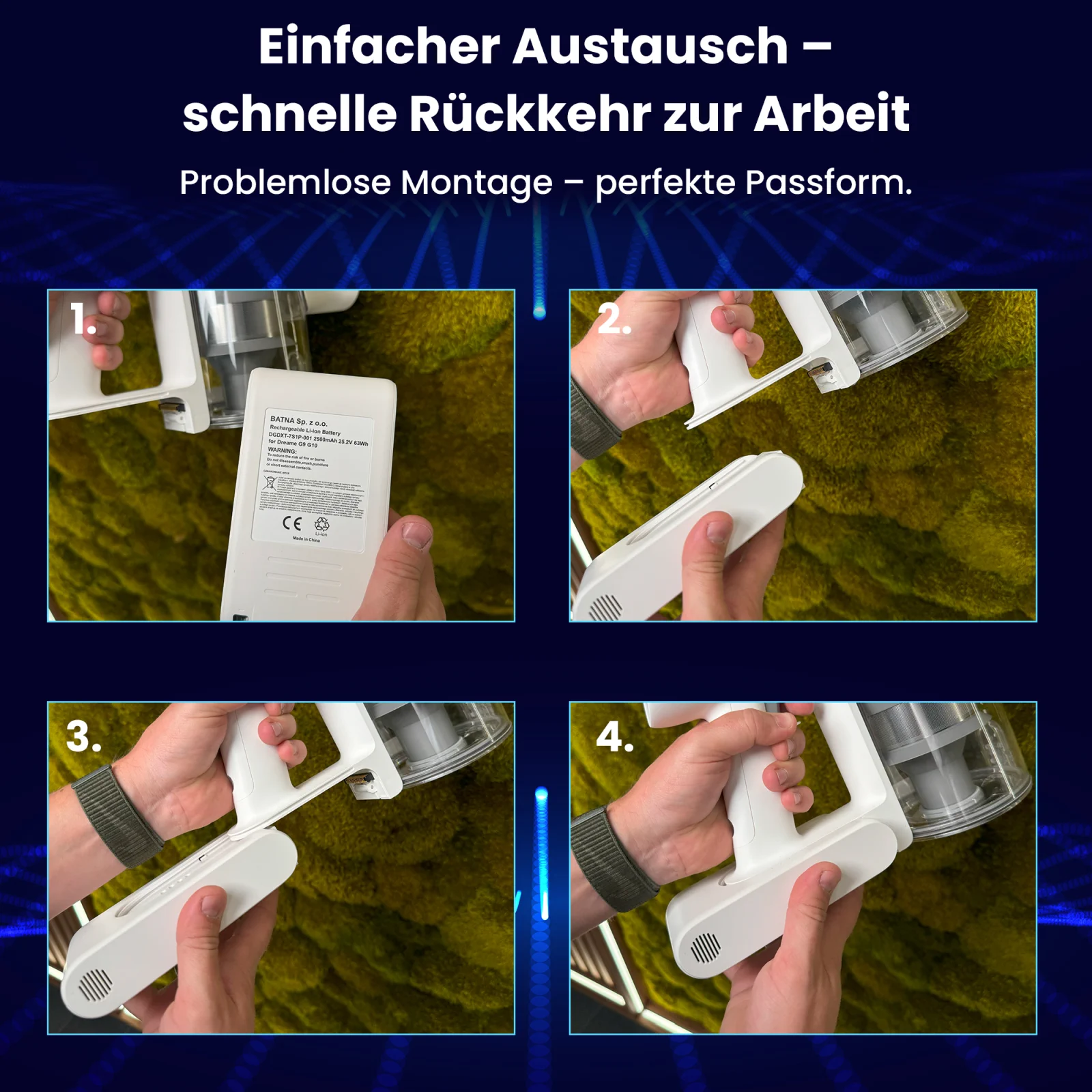 vier schritte zum auswechseln der batterie im dreame handstaubsauger mit vier bilder des staubsaugers von unten gezeigt