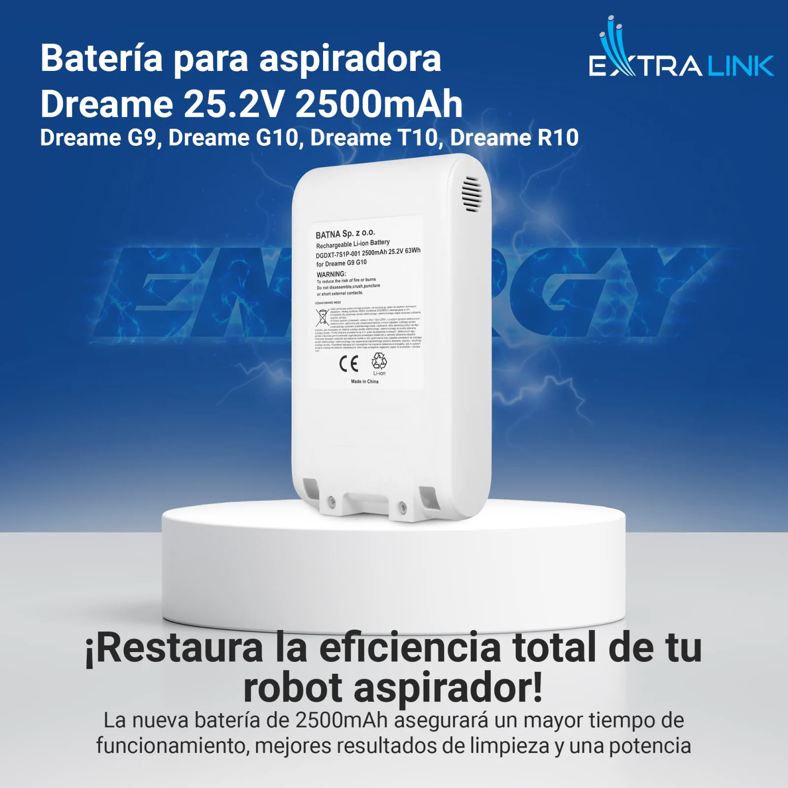 Batería de repuesto para aspiradores dreame en blanco sobre soporte blanco, logotipo