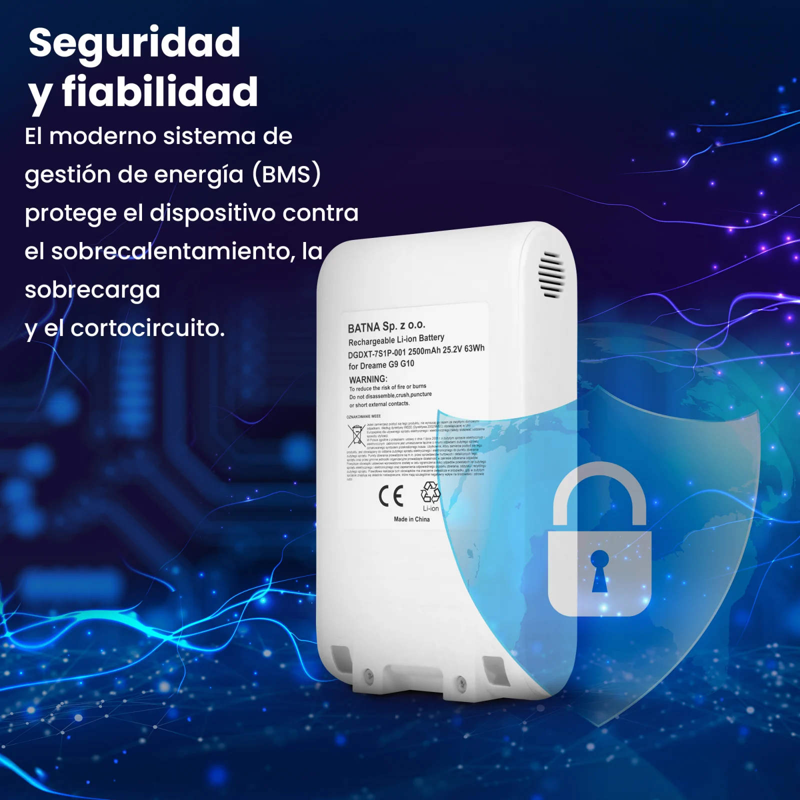 visualizaci&oacute;n de la bater&iacute;a de las aspiradoras de mano dreame y del escudo que simboliza la seguridad