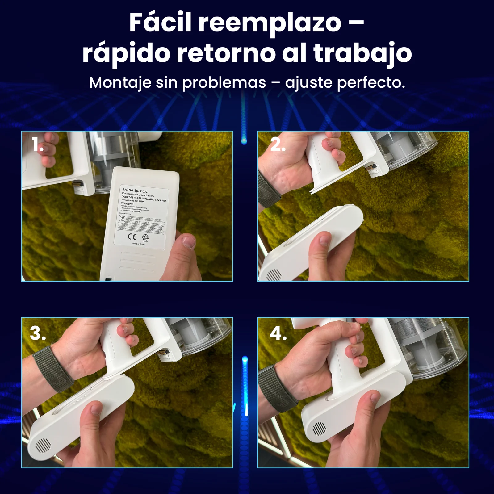 cuatro pasos para sustituir la batería de la aspiradora de mano dreame mostrados con cuatro imágenes de la aspiradora desde abajo