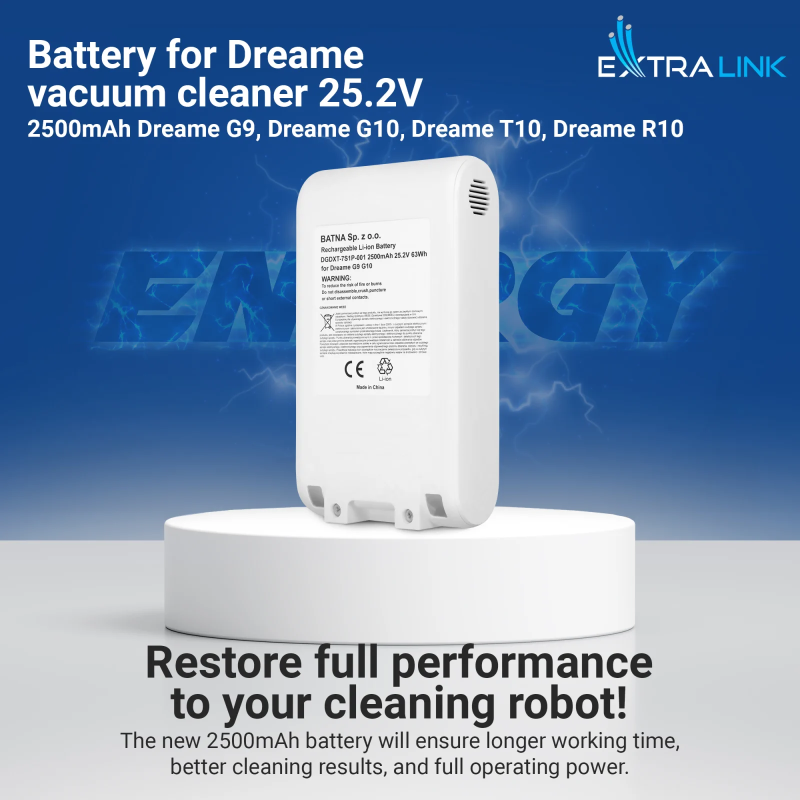 Replacement battery for dreame vacuum cleaners in white on a white stand, blue 'ENERGY' logo in the background