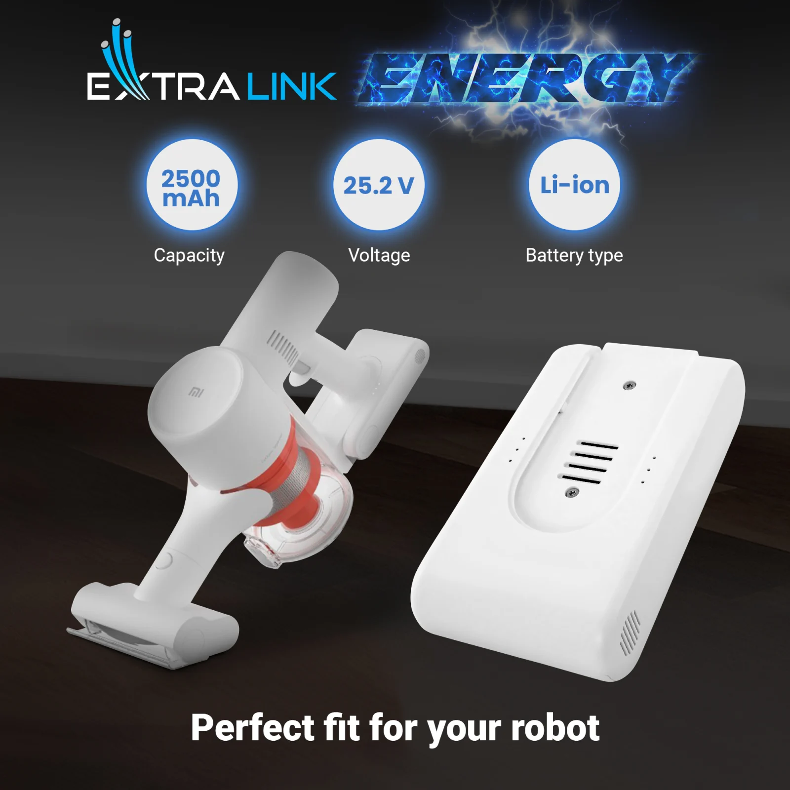 white dreame vacuum cleaner battery next to white handheld vacuum cleaner