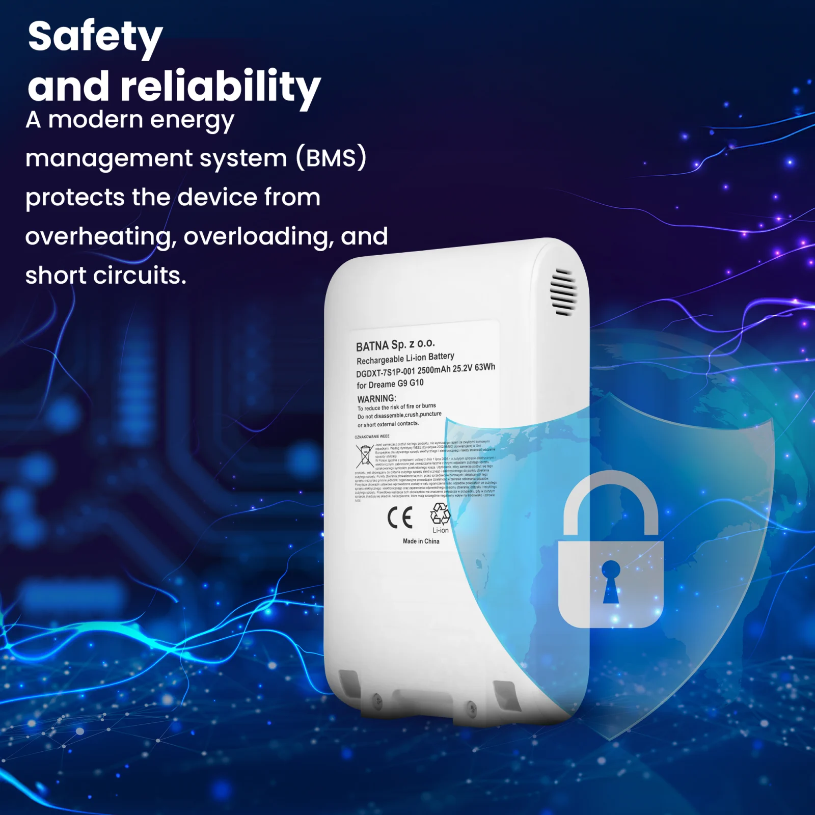 visualization showing dreame handheld vacuum cleaner battery and shield symbolizing safety