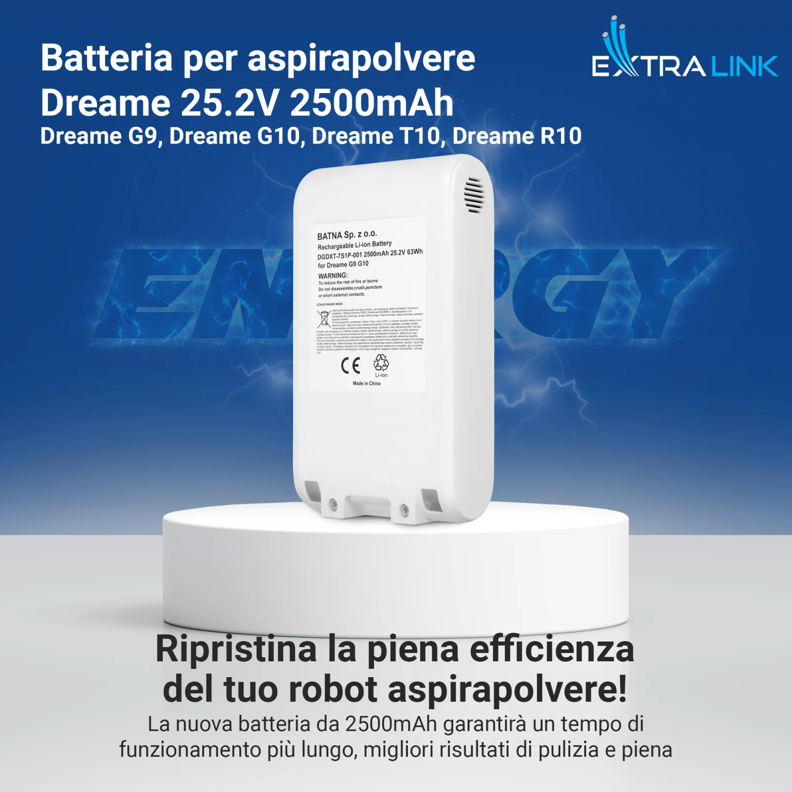 Batteria di ricambio per aspirapolvere dreame in bianco su supporto bianco, logo