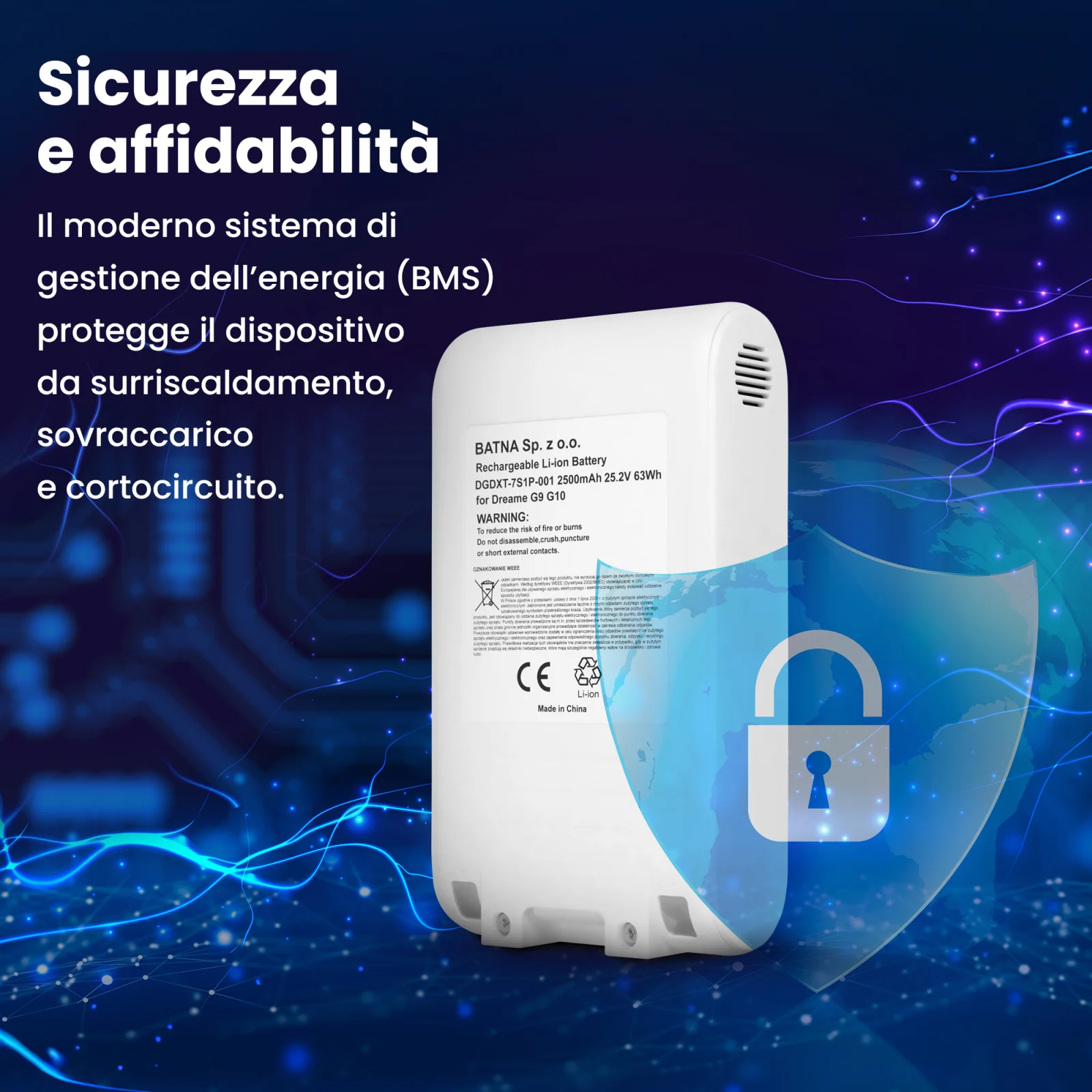 visualizzazione della batteria per gli aspirapolvere portatili dreame e dello scudo che simboleggia la sicurezza