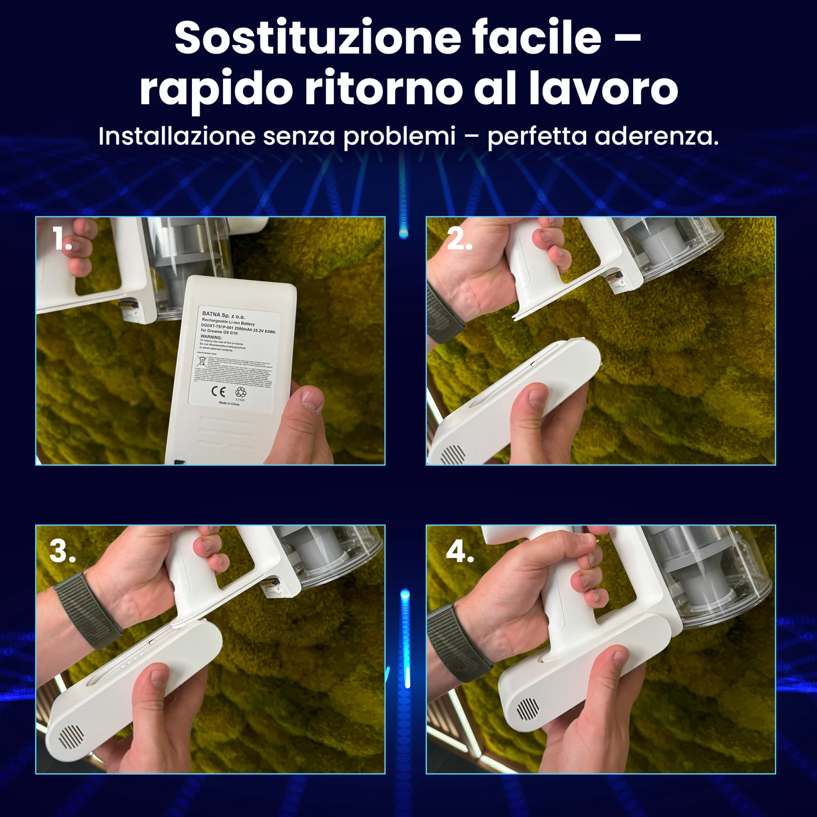 quattro passaggi per sostituire la batteria dell'aspirapolvere portatile dreame illustrati con quattro immagini dell'aspirapolvere dal basso