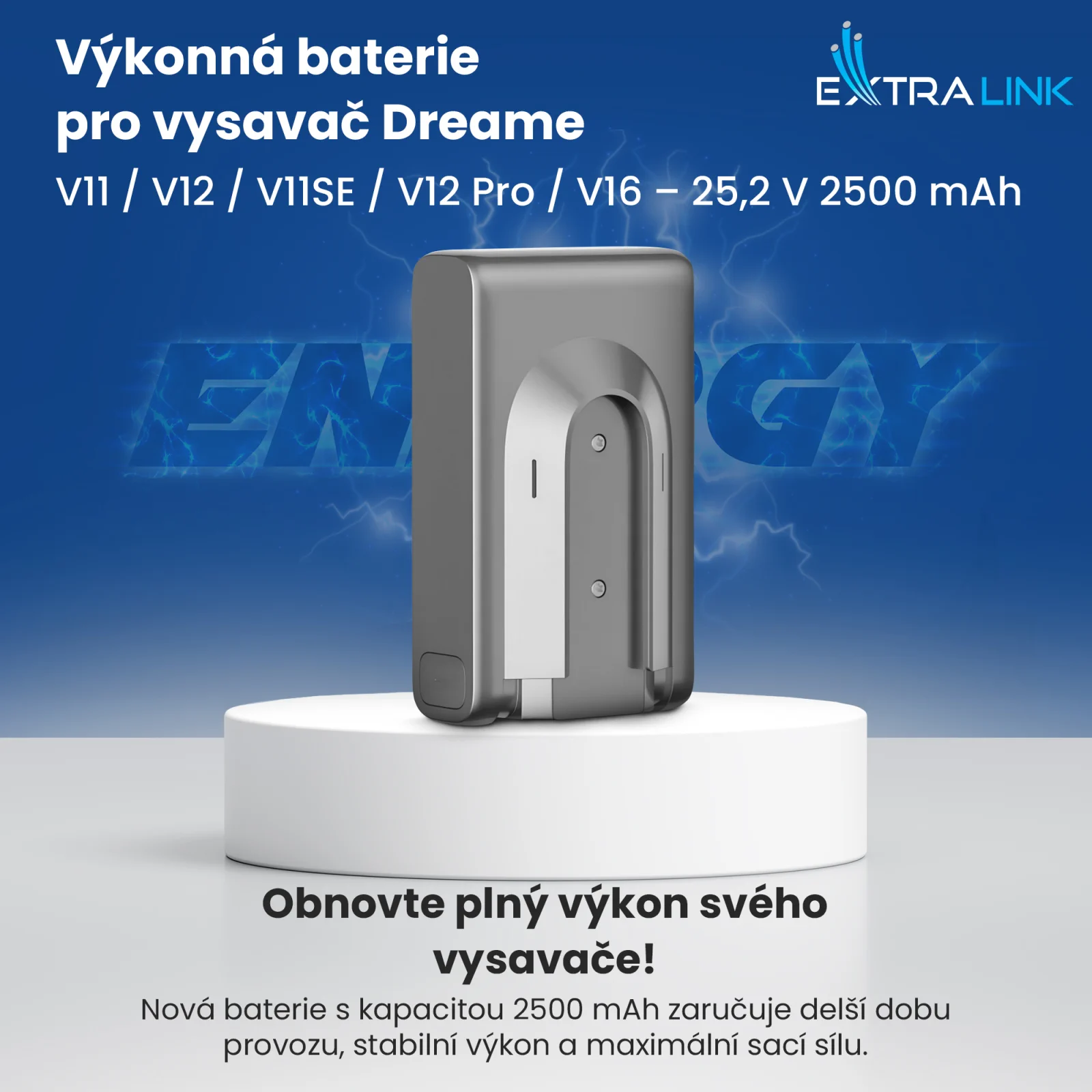 Náhradní baterie pro vysavače dreame v šedé barvě na bílém podkladu, modré logo