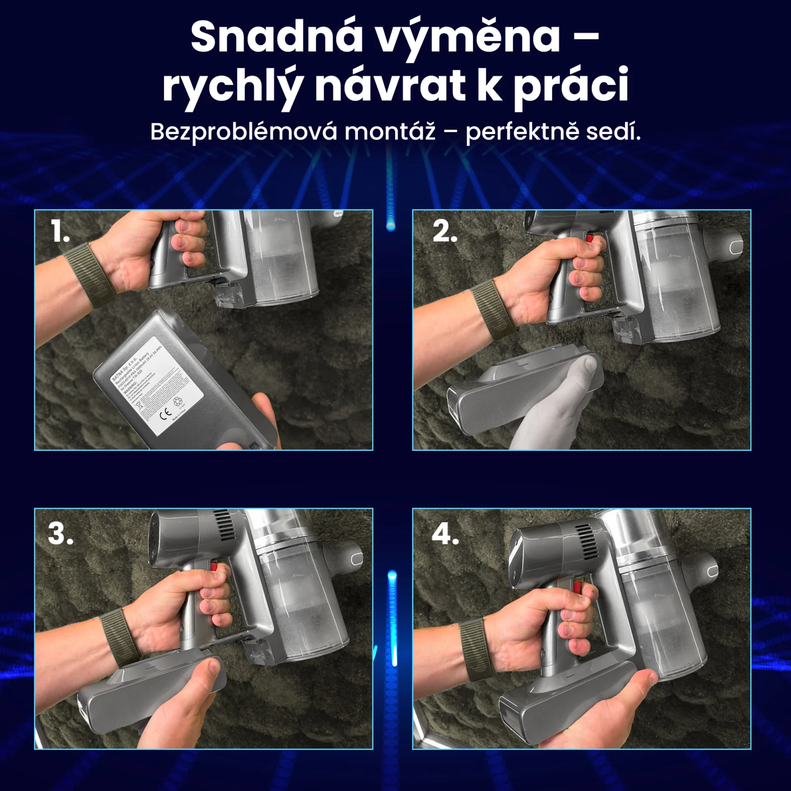 čtyři kroky k výměně baterie v ručním vysavači dreame zobrazené na čtyřech snímcích vysavače zespodu