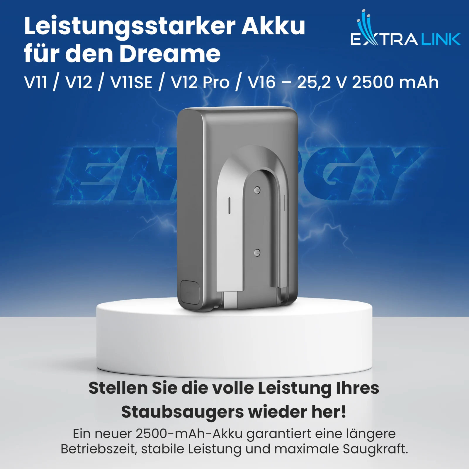 Ersatzbatterie für Dreame Staubsauger in grau auf weißem Grund, blaues 'ENERGY'-Logo im Hintergrund