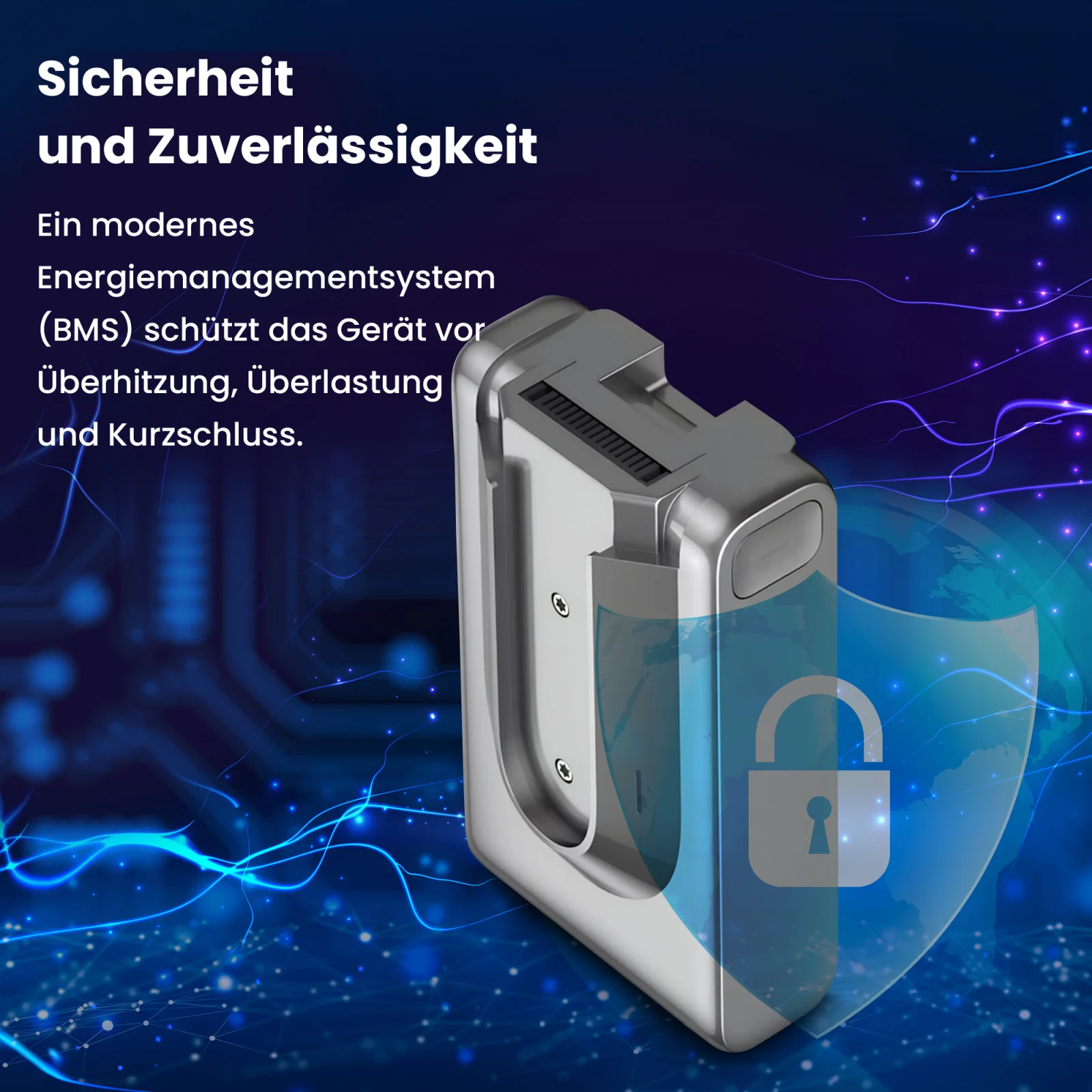 Visualisierung der Batterie für Dreame Handstaubsauger und des Schildes, das die Sicherheit symbolisiert