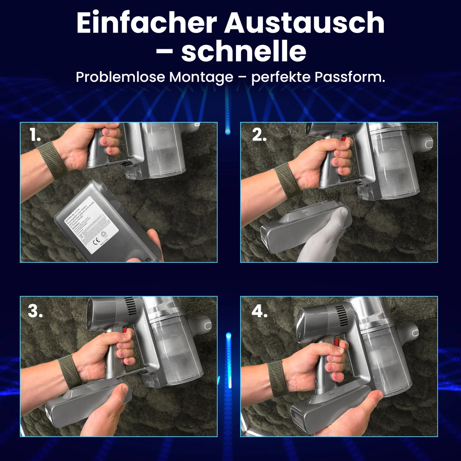 vier schritte zum auswechseln der batterie im dreame handstaubsauger mit vier bilder des staubsaugers von unten gezeigt