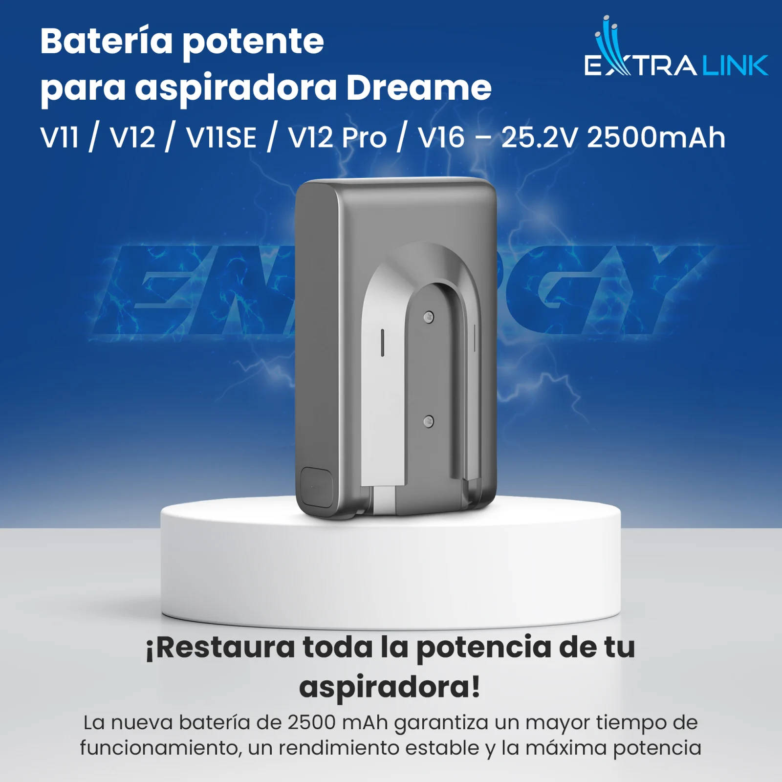 Batería de repuesto para aspiradores dreame en gris sobre una base blanca, logotipo