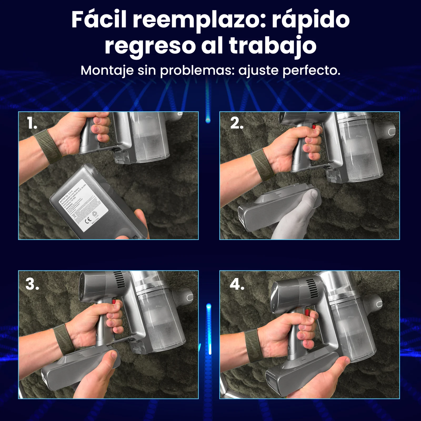 cuatro pasos para sustituir la batería de la aspiradora de mano dreame mostrados con cuatro imágenes de la aspiradora desde abajo