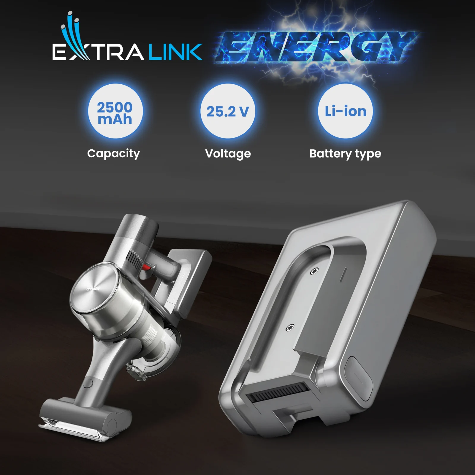 gray dreame vacuum cleaner battery next to gray handheld vacuum cleaner