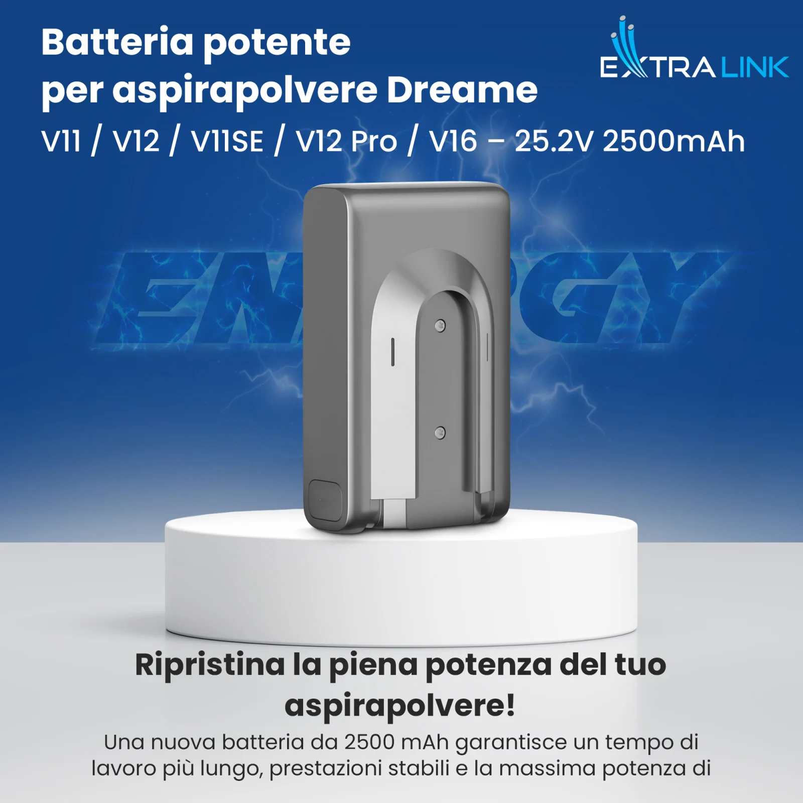 Batteria di ricambio per aspirapolvere dreame in grigio su base bianca, logo