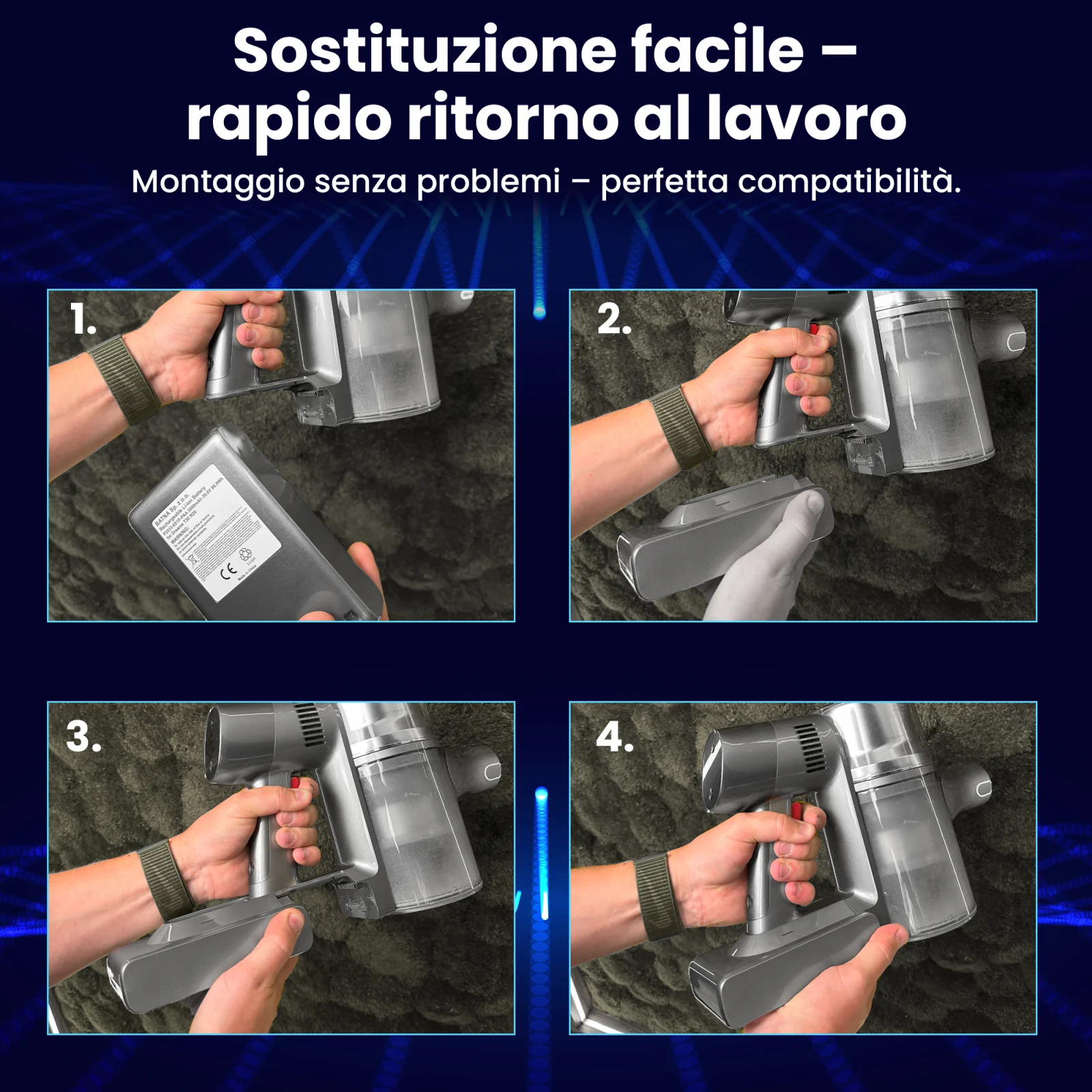 quattro passaggi per sostituire la batteria dell'aspirapolvere portatile dreame illustrati con quattro immagini dell'aspirapolvere dal basso