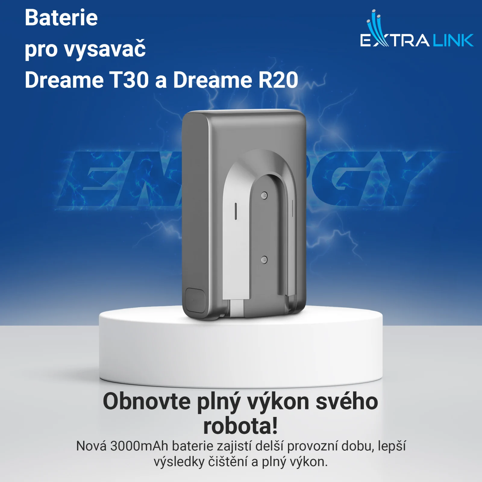 Náhradní baterie pro vysavače dreame v šedé barvě na bílém podkladu, modré logo