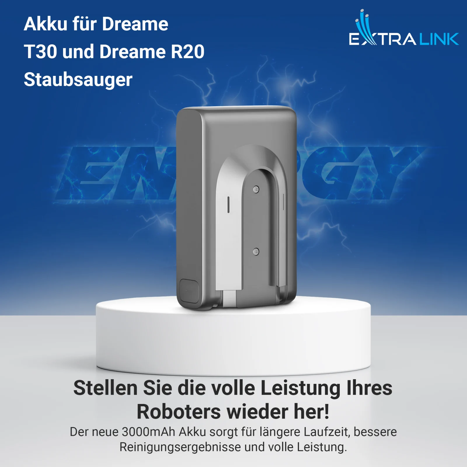 Ersatzbatterie für Dreame Staubsauger in grau auf weißem Grund, blaues 'ENERGY'-Logo im Hintergrund