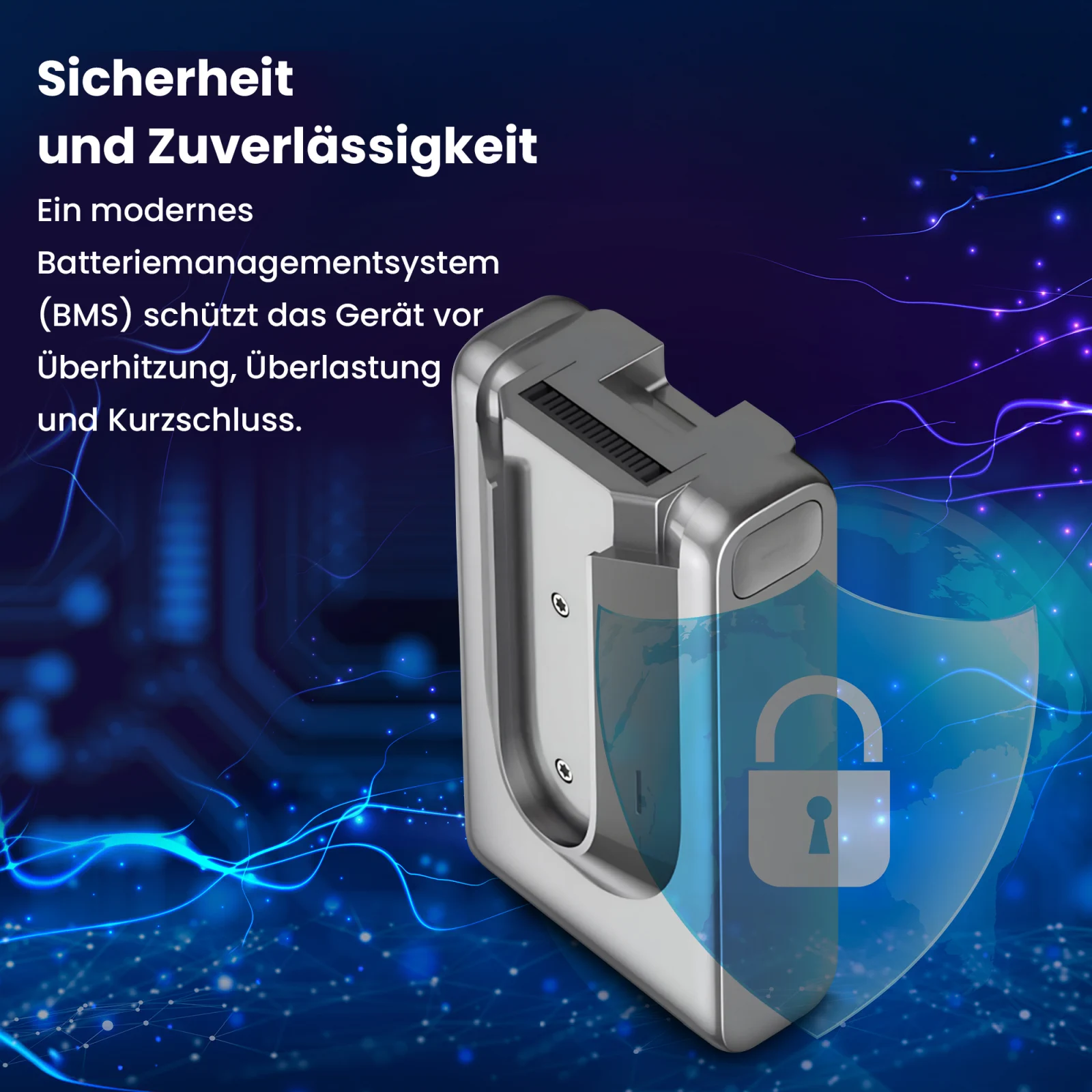 Visualisierung der Batterie f&uuml;r Dreame Handstaubsauger und des Schildes, das die Sicherheit symbolisiert