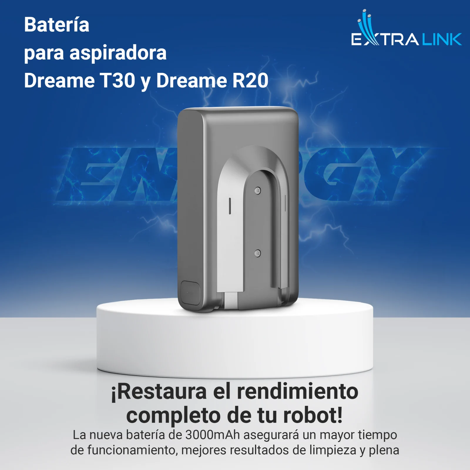 Batería de repuesto para aspiradores dreame en gris sobre una base blanca, logotipo