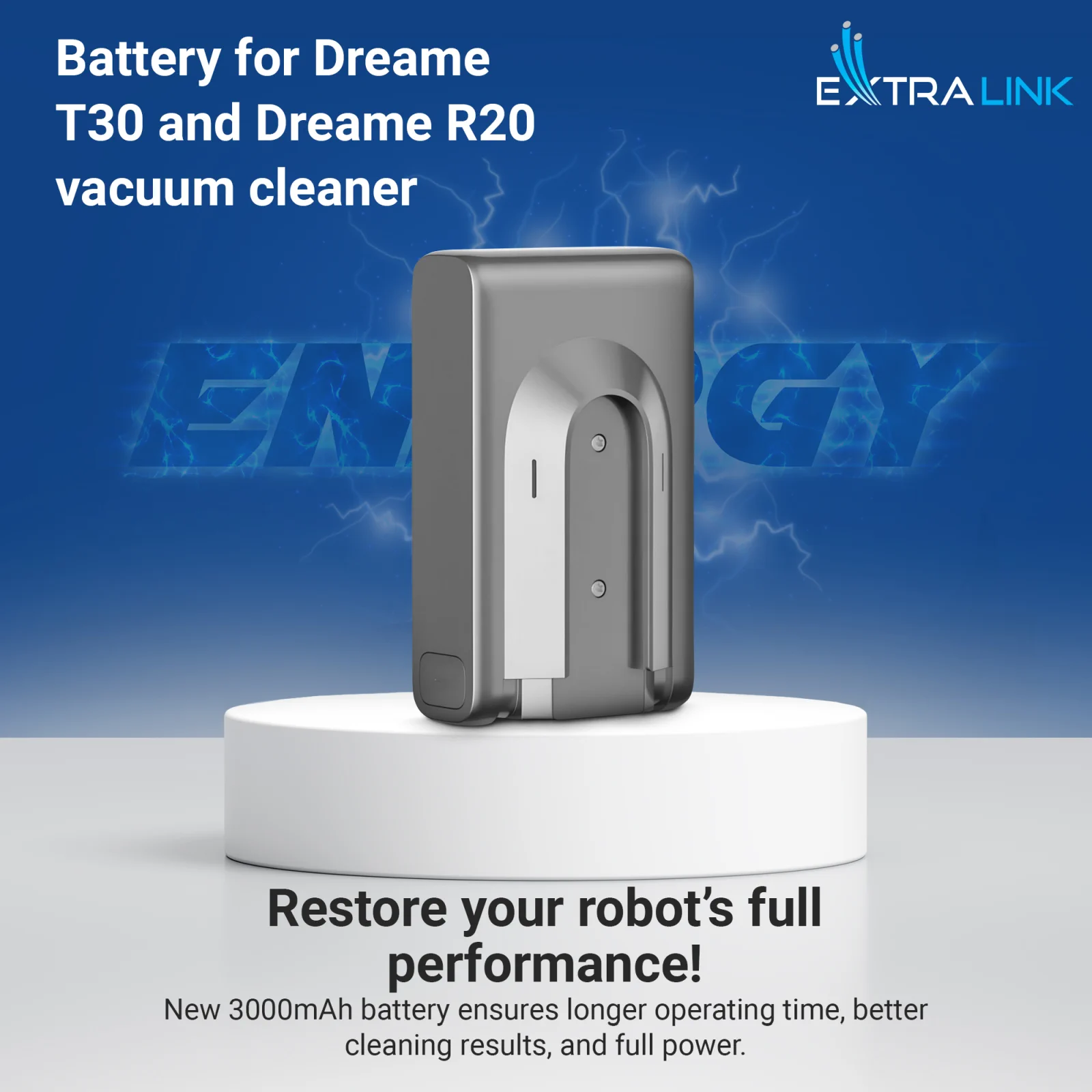 Сменный аккумулятор для пылесосов dreame серого цвета на белом основании, синий логотип 'ENERGY' на заднем плане