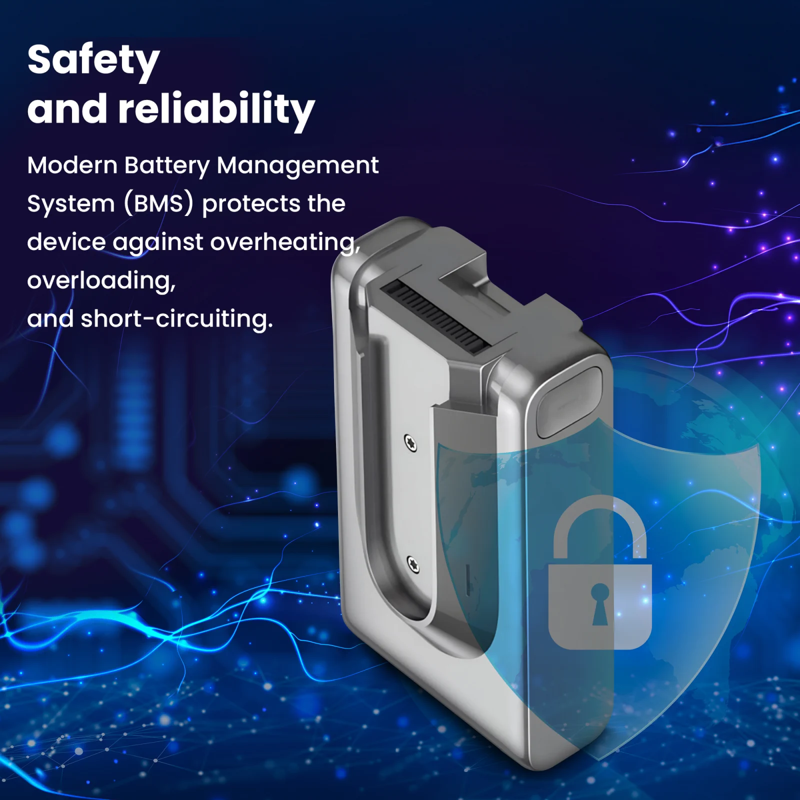 визуализация, показывающая аккумулятор для ручных пылесосов dreame и щиток, символизирующий безопасность