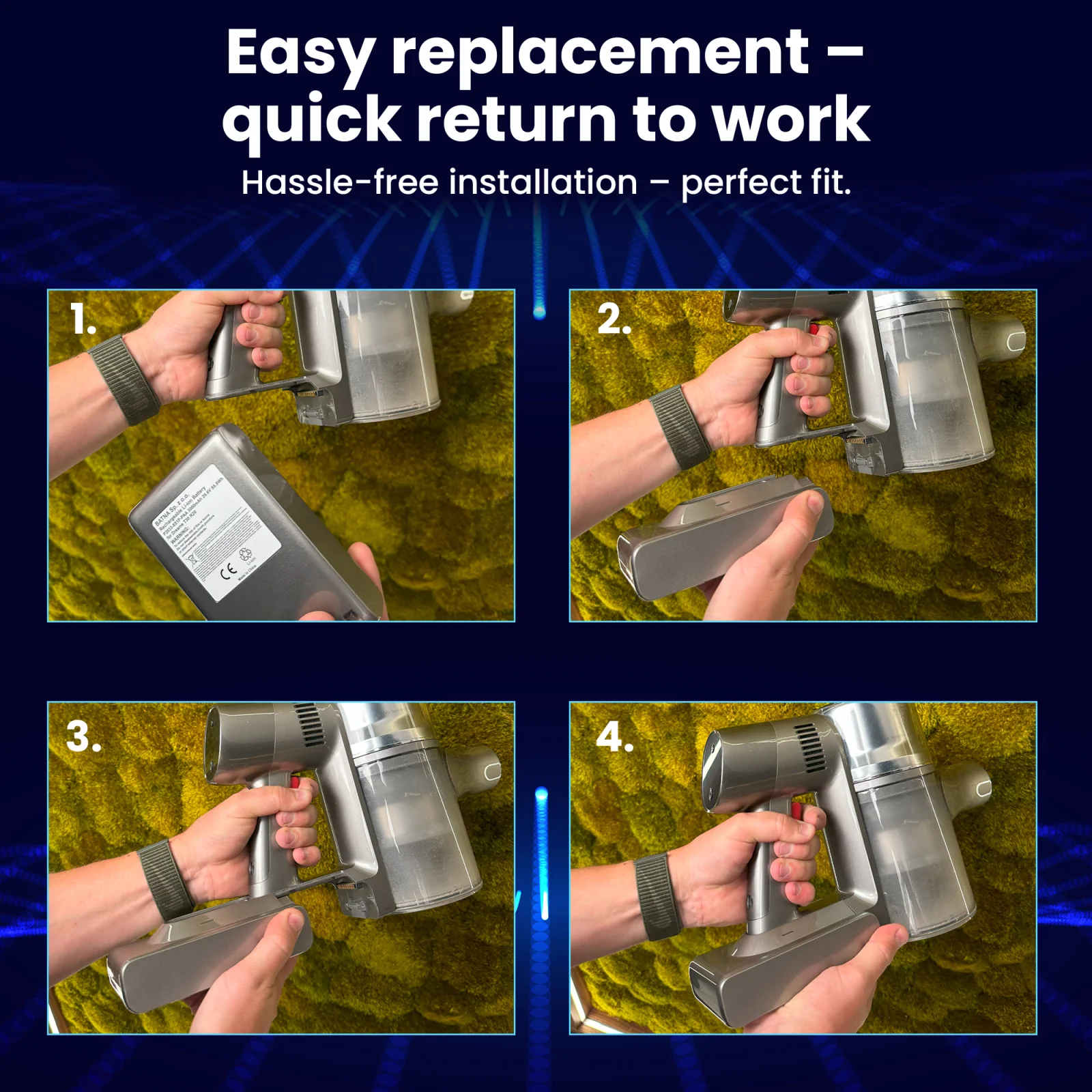 Четыре шага по замене батареи в ручном пылесосе dreame, показанные на четырех изображениях пылесоса снизу