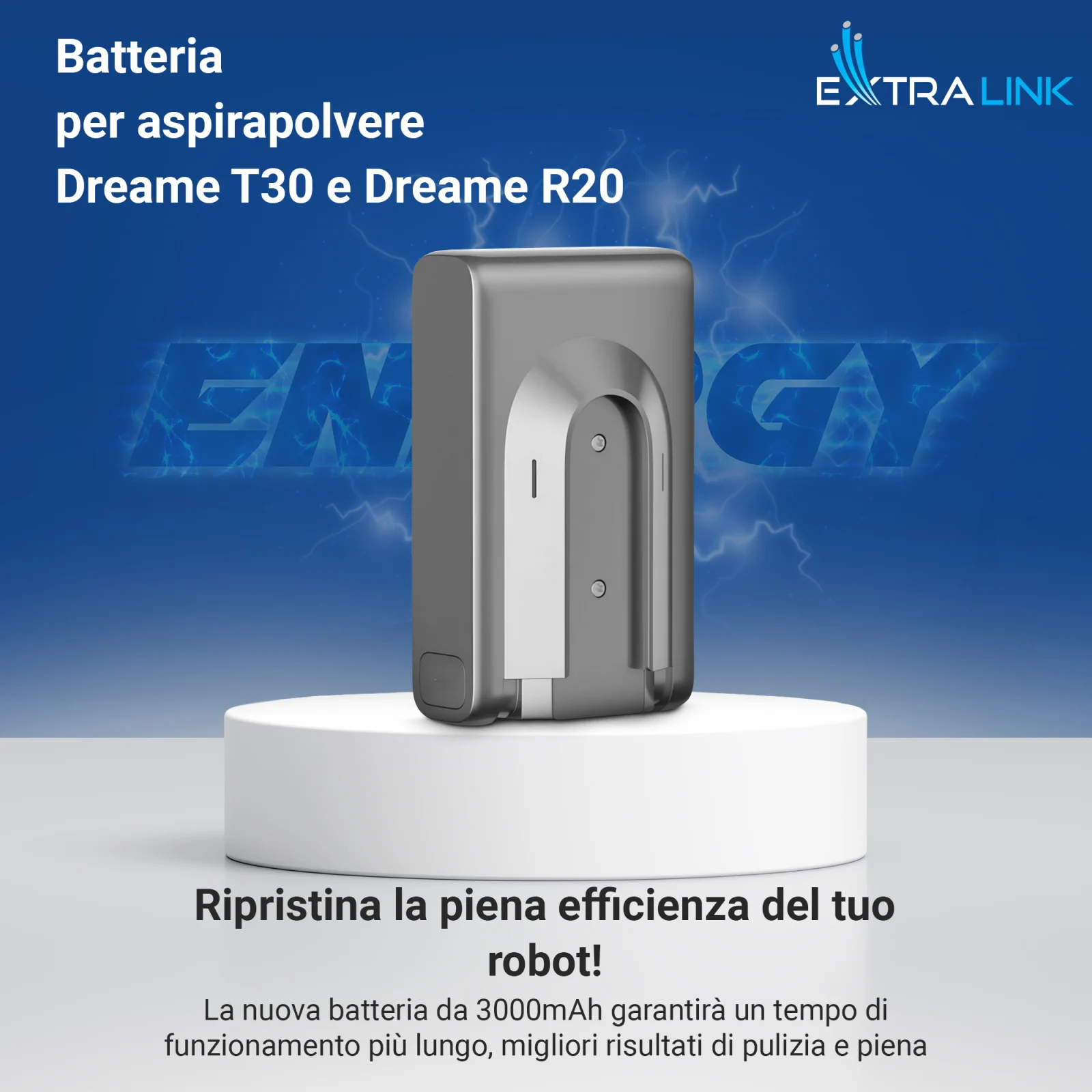 Batteria di ricambio per aspirapolvere dreame in grigio su base bianca, logo