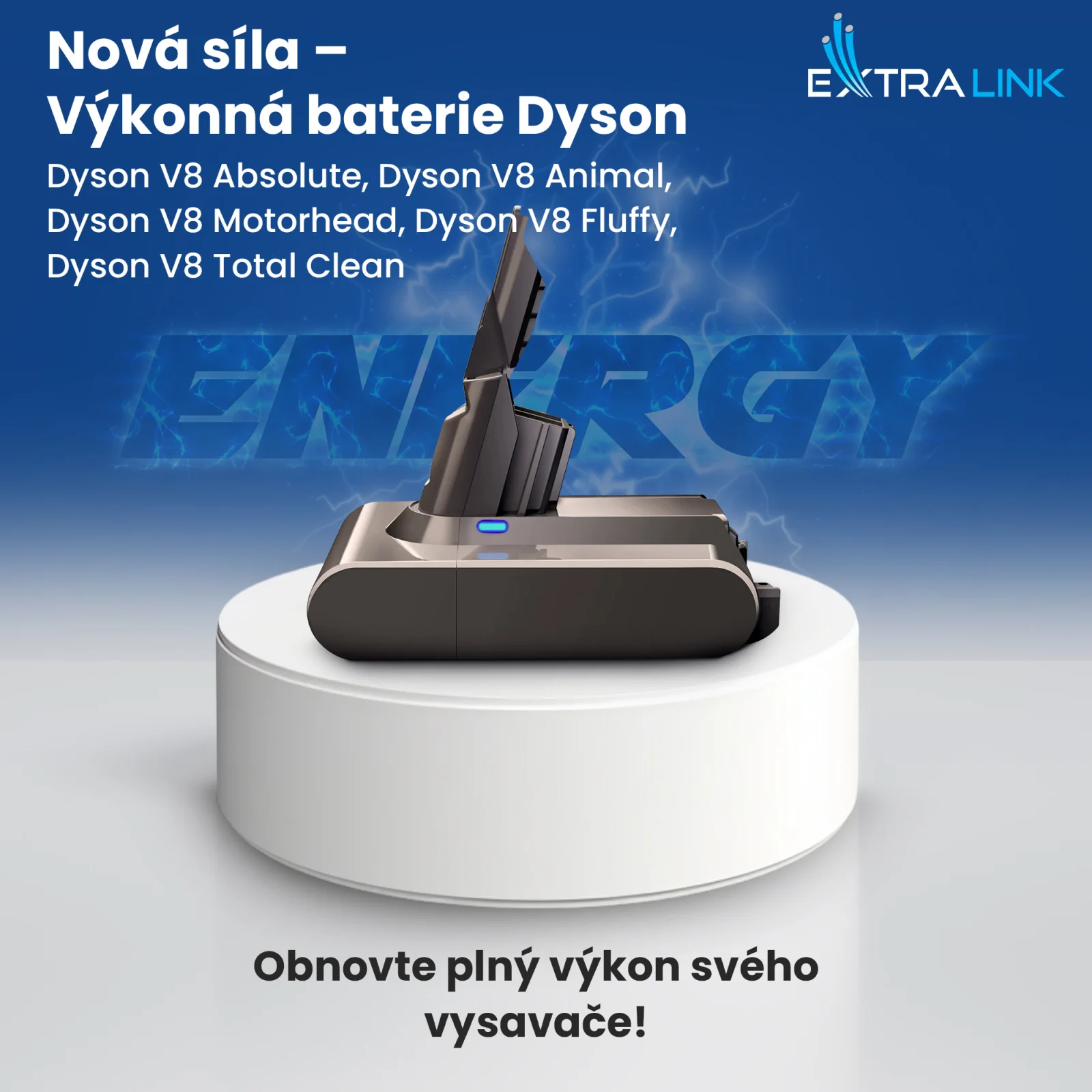 Náhradní baterie pro vysavače Dyson v šedé barvě na bílém podkladu, modré logo