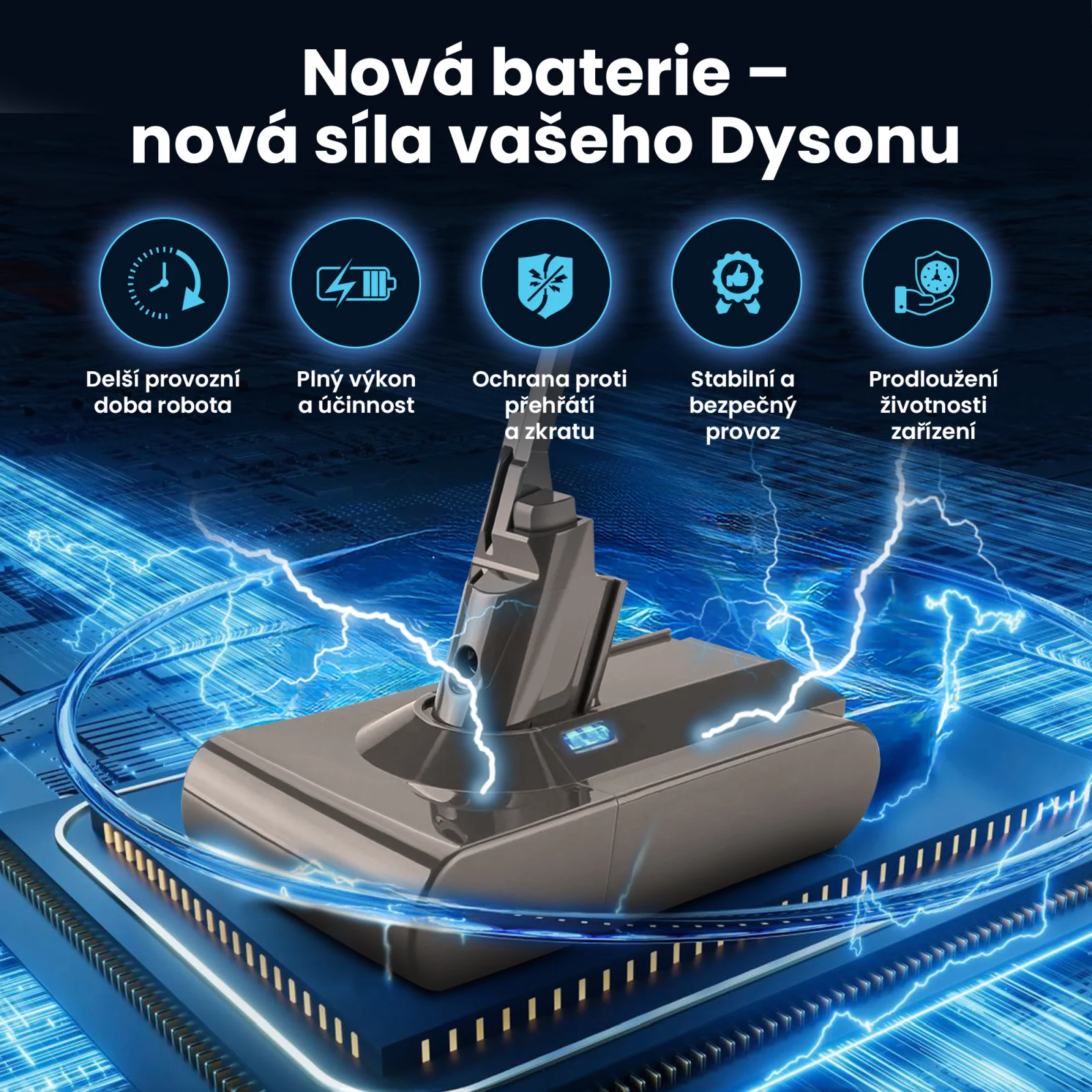 vizualizace baterie vysavače dyson lež&iacute;c&iacute; na procesoru