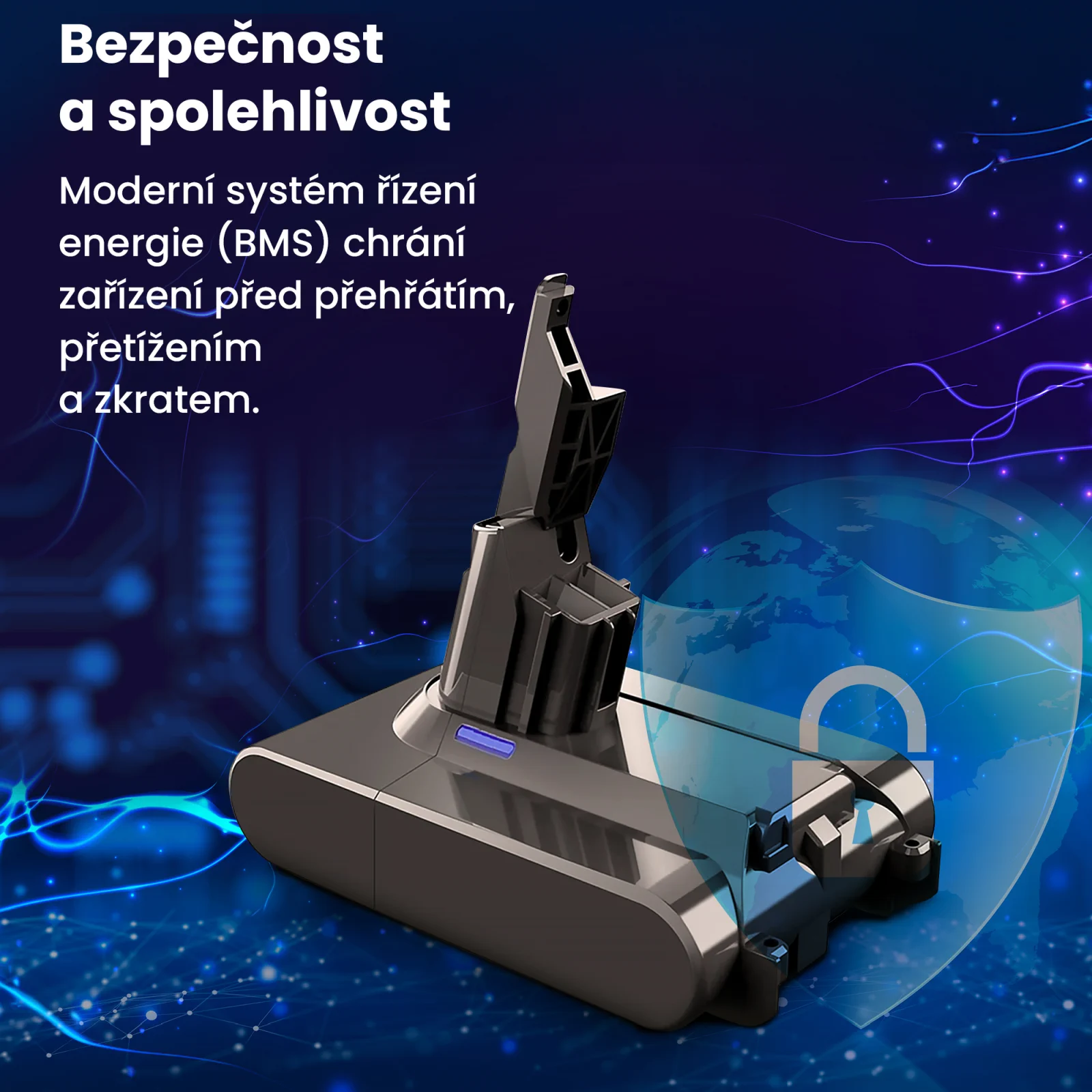 vizualizace zobrazuj&iacute;c&iacute; baterii ručn&iacute;ho vysavače dyson a bezpečnostn&iacute; &scaron;t&iacute;t