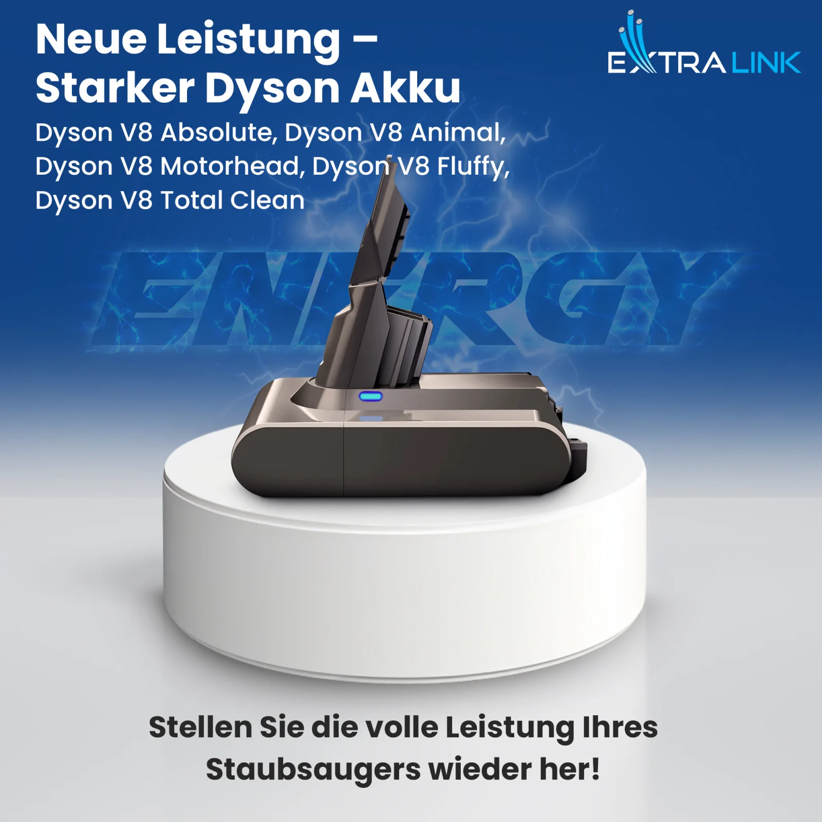 Ersatzbatterie für Dyson Staubsauger in grau auf weißem Grund, blaues 'ENERGY'-Logo im Hintergrund