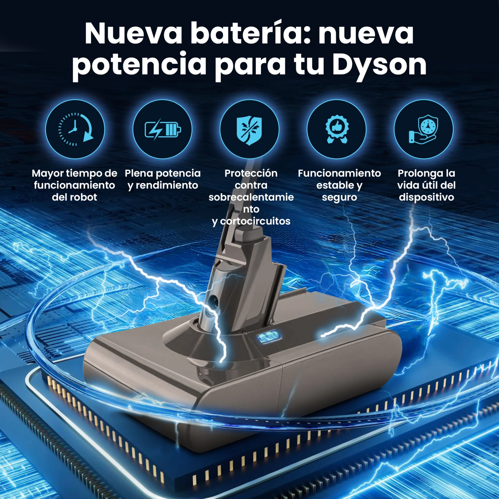 visualizaci&oacute;n de la pila de la aspiradora dyson colocada en el procesador