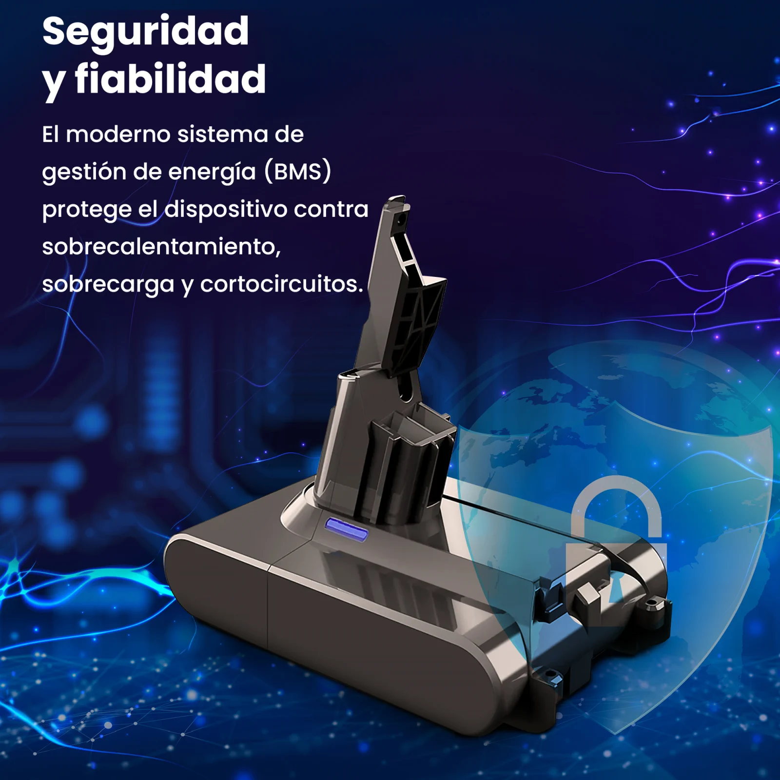 visualizaci&oacute;n de la bater&iacute;a y el escudo de seguridad de la aspiradora de mano dyson