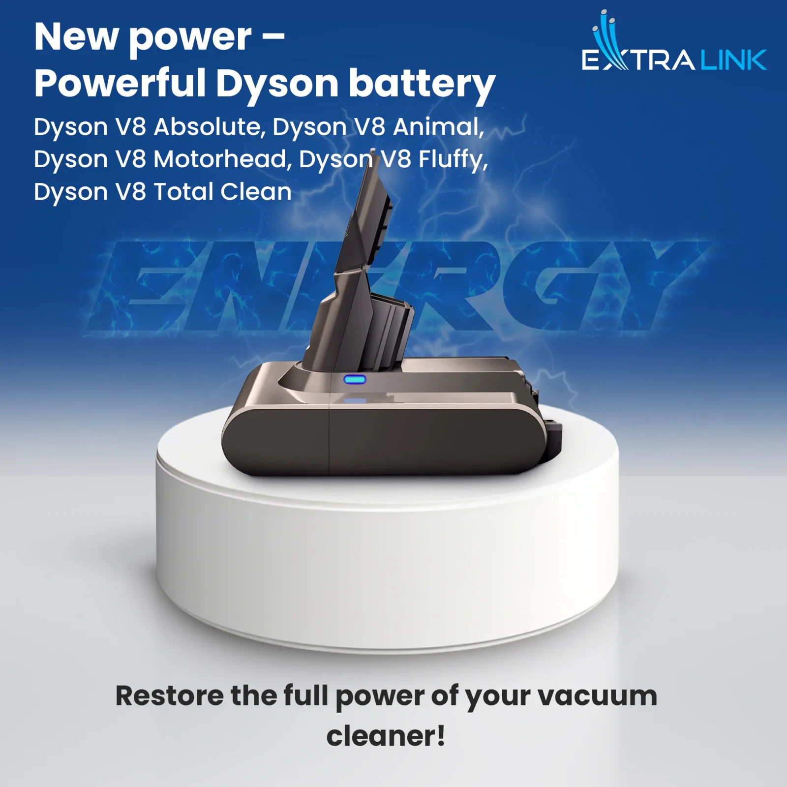 replacement battery for dyson vacuum cleaners in gray on a white stand, blue 'ENERGY' logo in the background