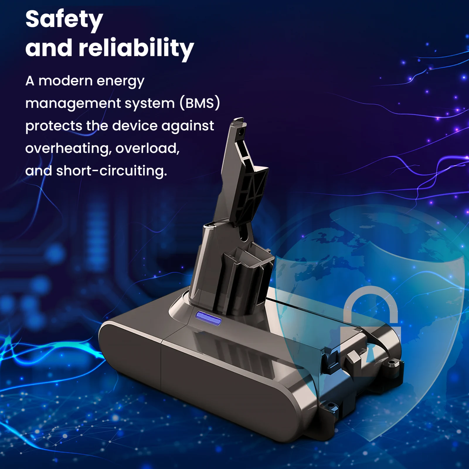 visualization showing dyson handheld vacuum cleaner battery and shield symbolizing safety