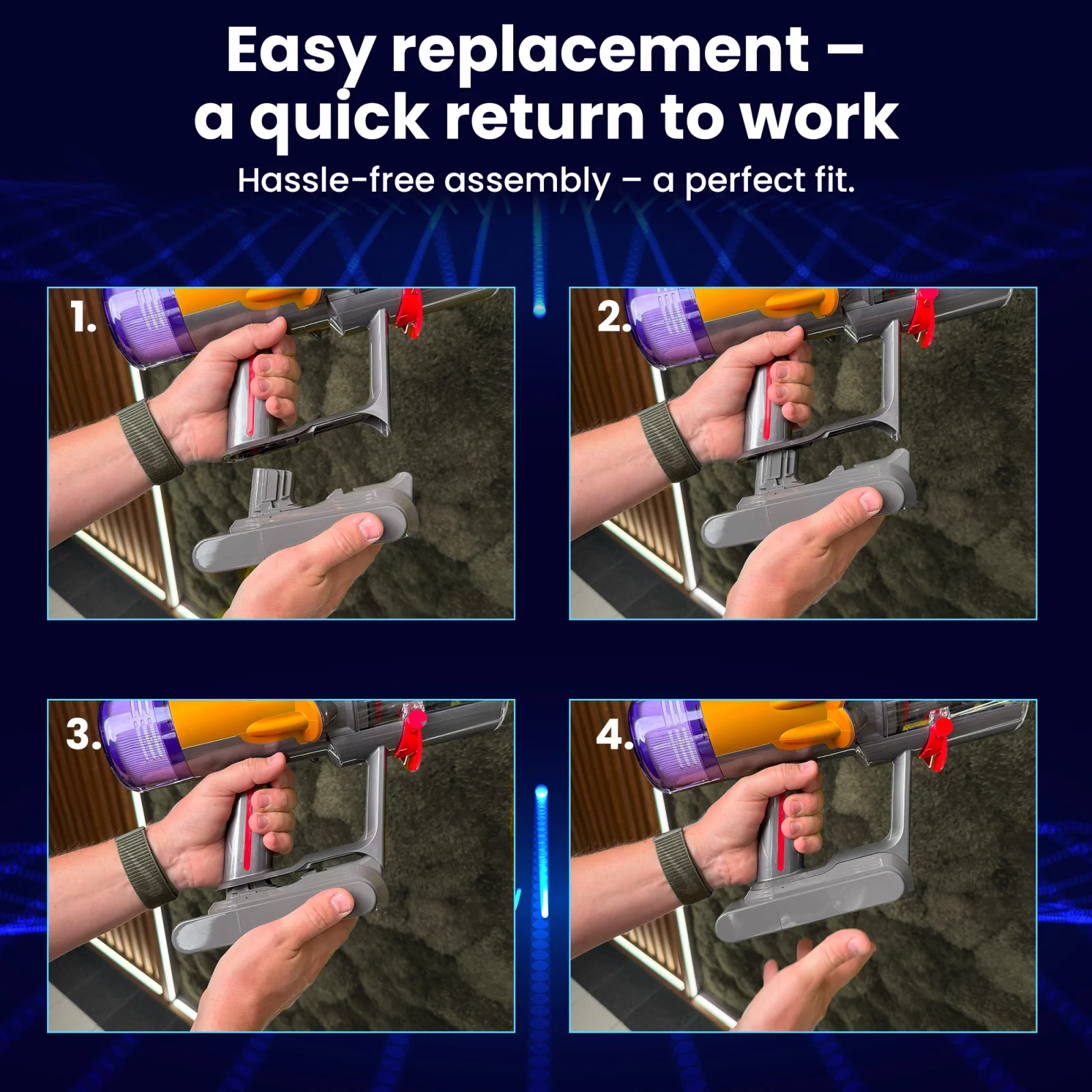 four steps of changing the battery in dyson handheld vacuum cleaner shown with four images of the vacuum cleaner from underneath