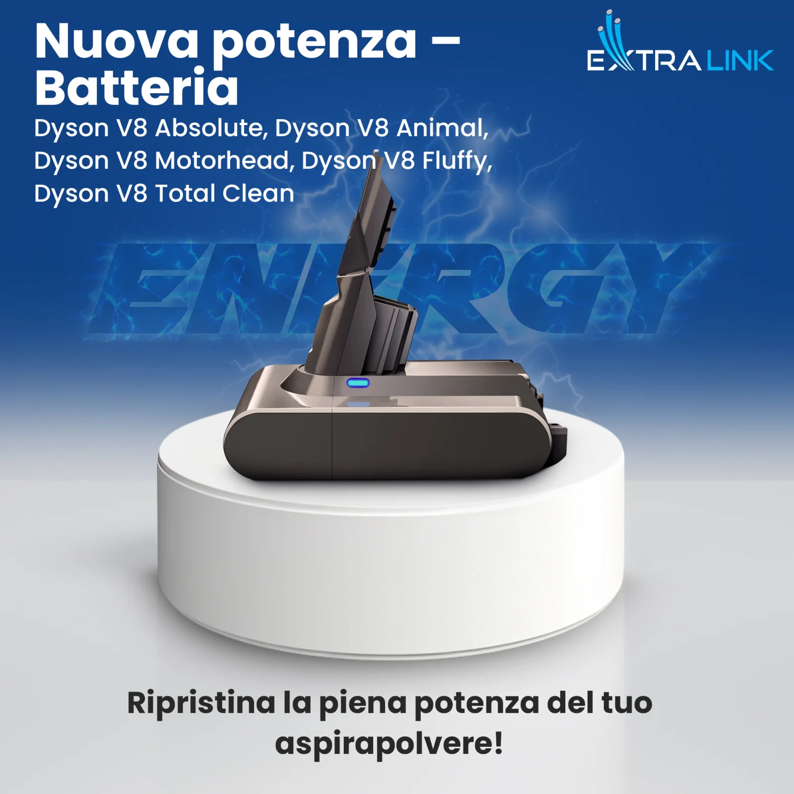 Batteria di ricambio per aspirapolvere dyson di colore grigio su base bianca, con logo 