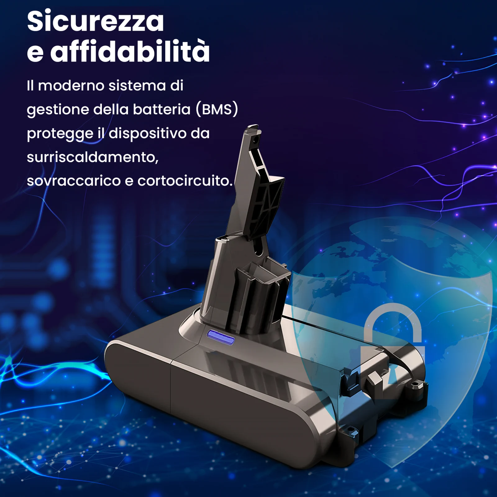visualizzazione della batteria dell'aspirapolvere portatile dyson e dello schermo di sicurezza