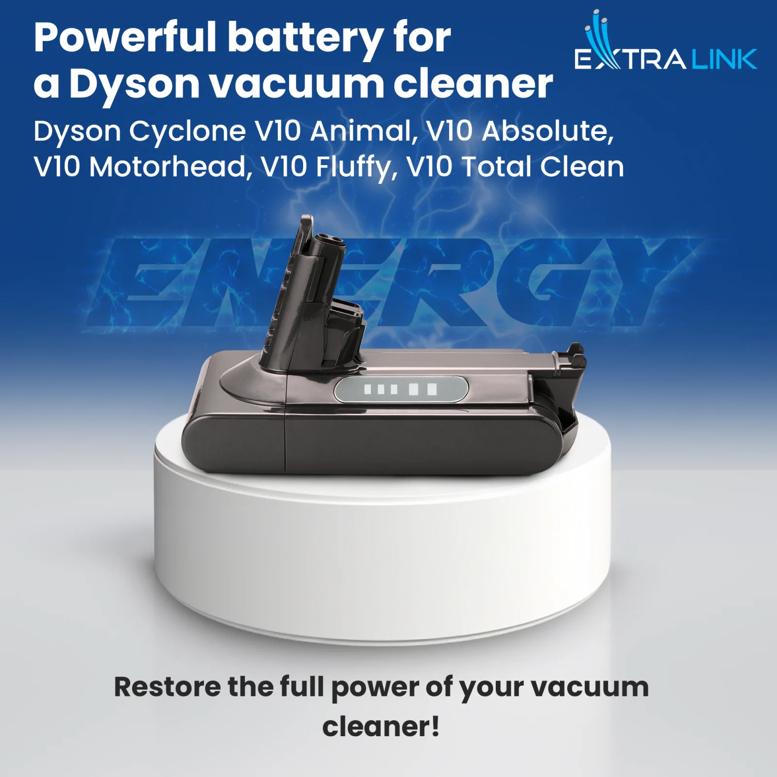zamienna bateria do odkurzaczy dyson w kolorze szarym na białej podstawce, w tle niebieskie logo 'ENERGY'